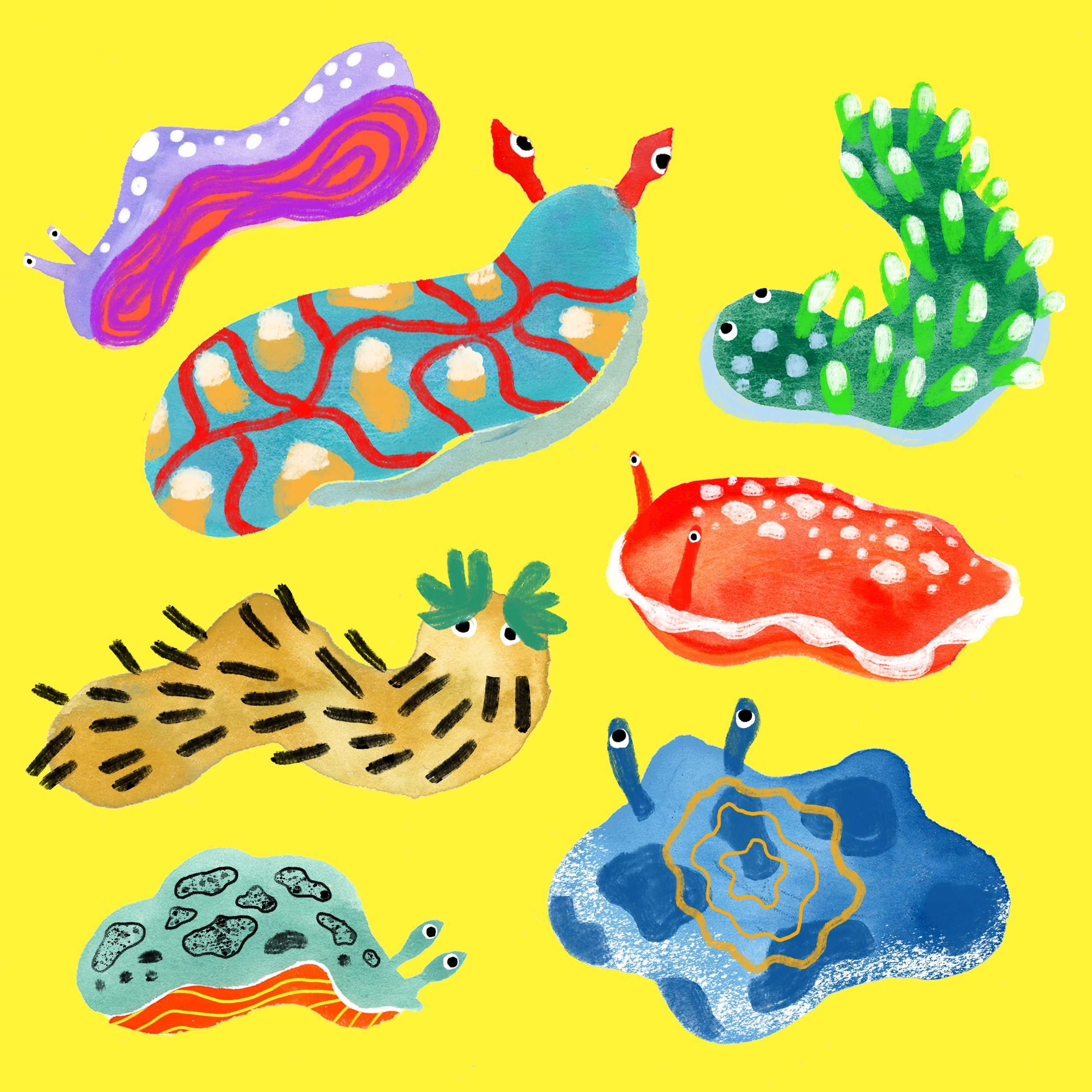 Colorful illustration of various stylized sea slugs and nudibranchs on a yellow background.