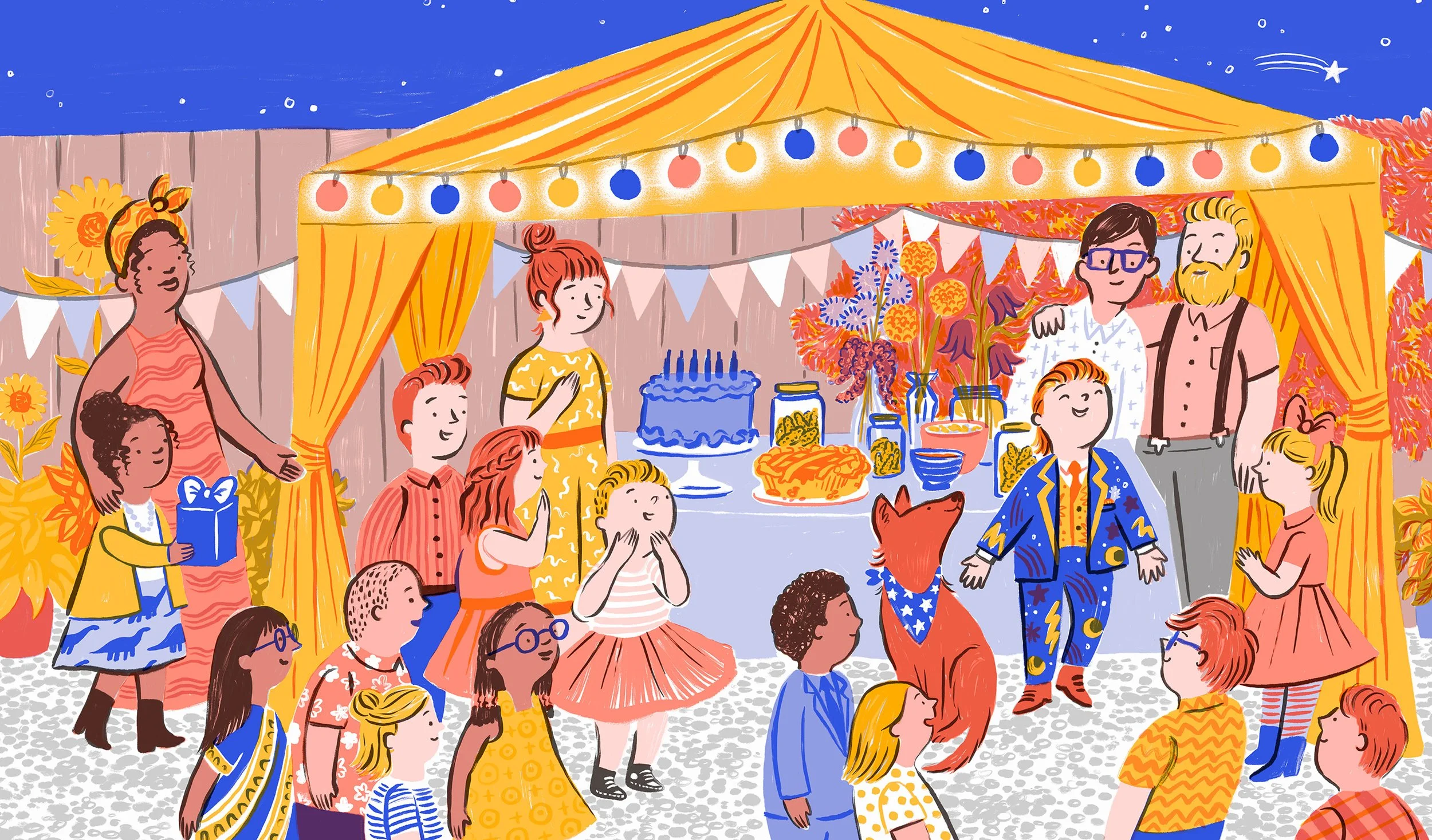 Colorful birthday party scene with children and adults celebrating outdoors under a yellow canopy decorated with round lights, surrounded by bunting and fall-themed decorations, with a table in the background holding a birthday cake, snacks, and flor
