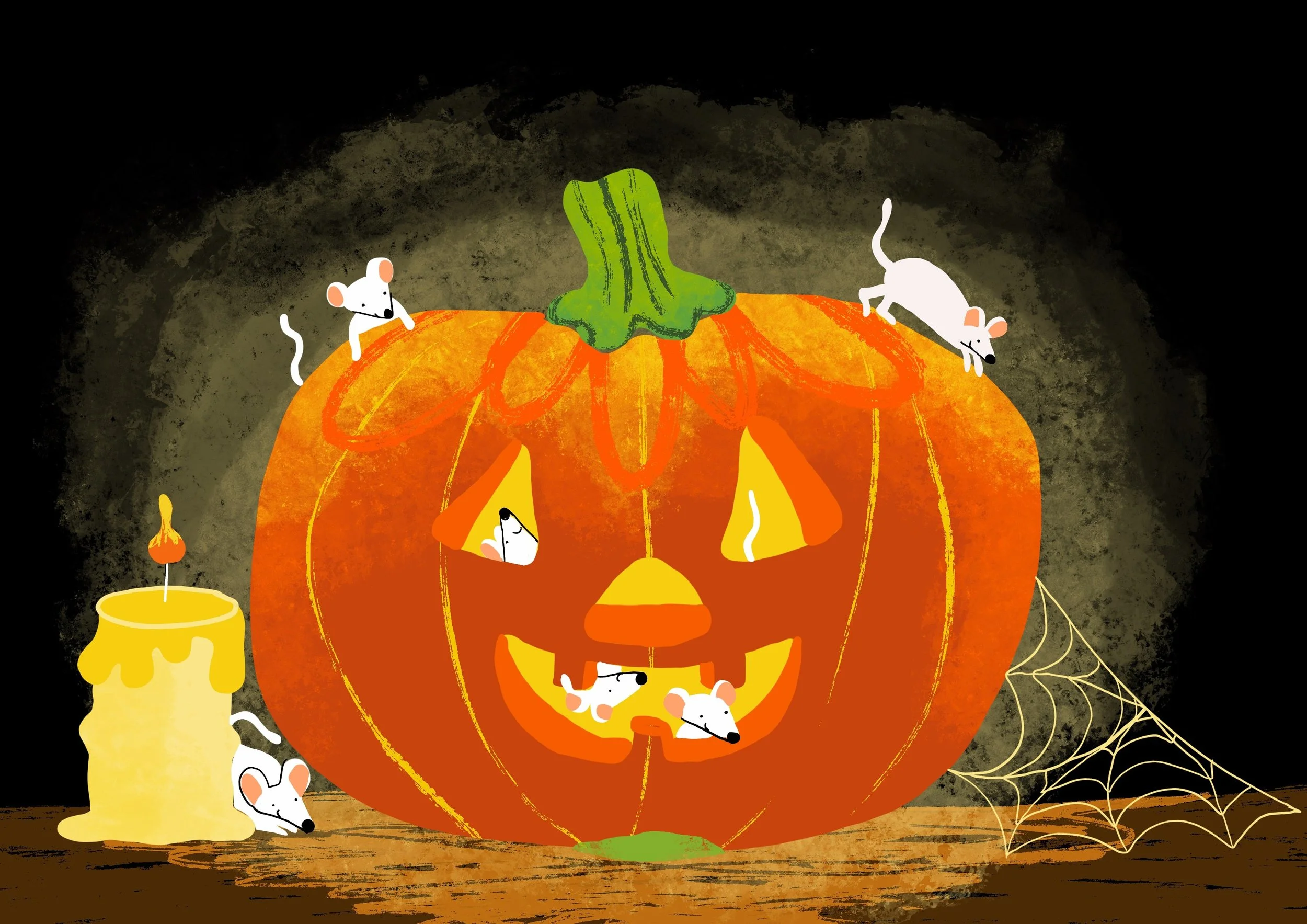 A carved Halloween pumpkin with a smiling face, surrounded by small white mice, a yellow candle, and a spider web, set against a dark background.