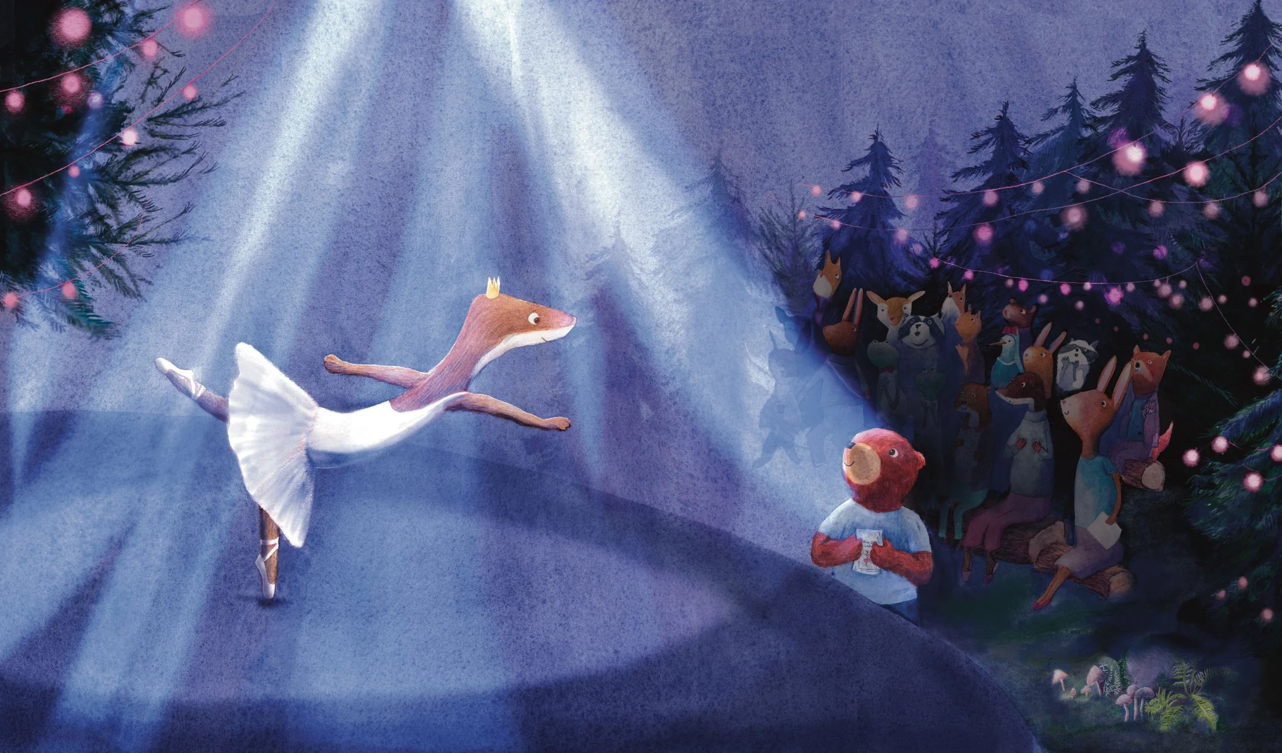 Animated scene of a ballet dancing fox wearing a tutu, illuminated by a spotlight in a forest setting, with animal audience in the background.