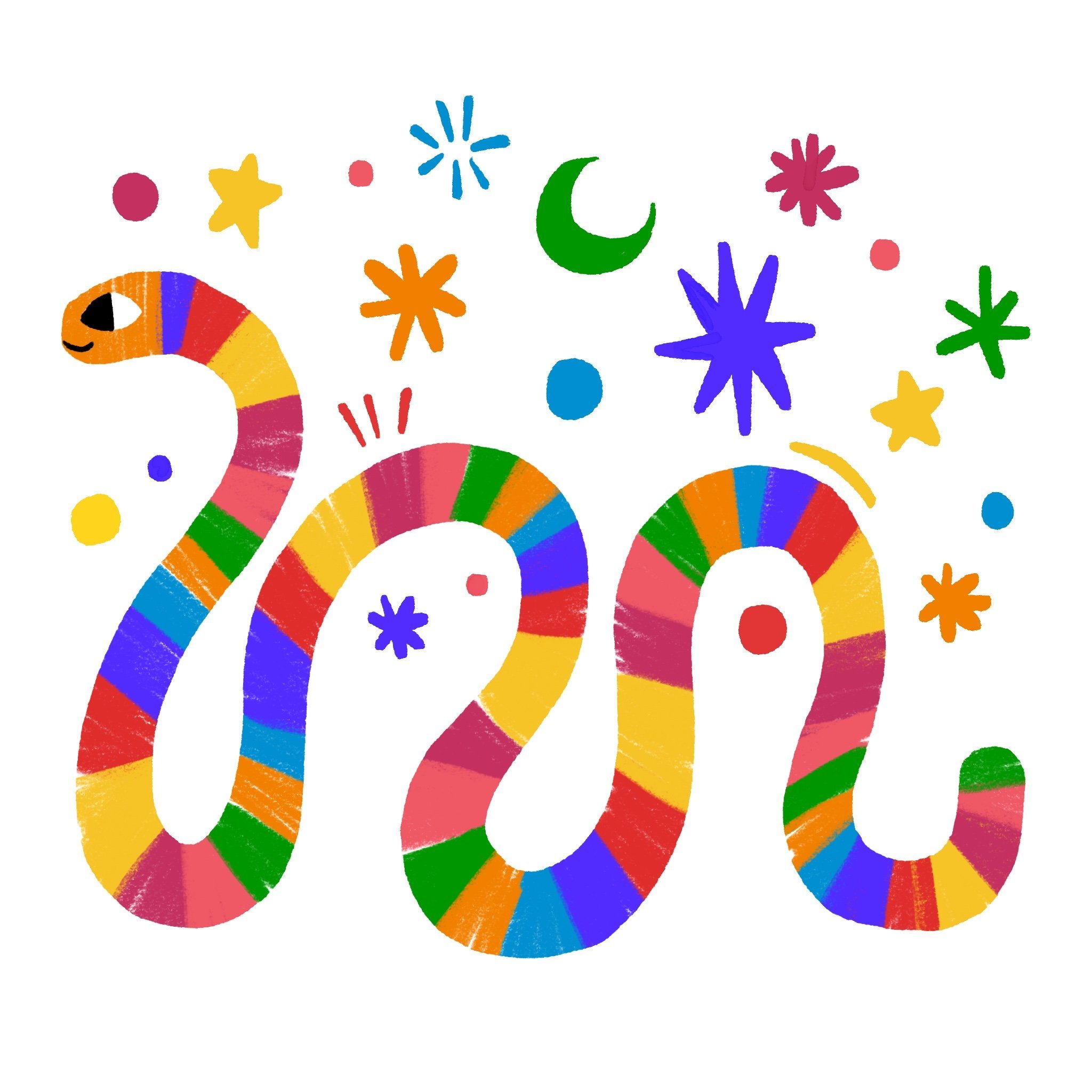 Colorful illustration of the year '2020' with striped rainbow patterns and various stars, circles, and a crescent moon around it.