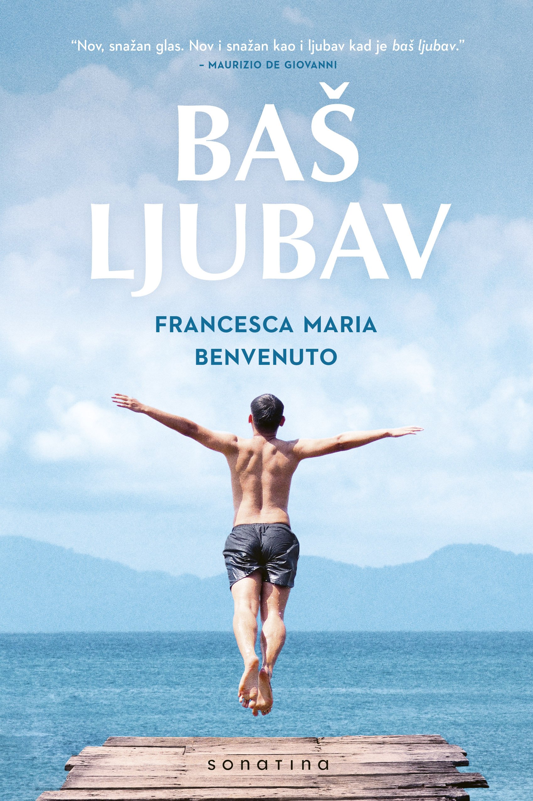 Book cover with photo of a boy jumping off a wooden pier into a lake, with mountain and cloudy sky in background, and title text in Serbian.