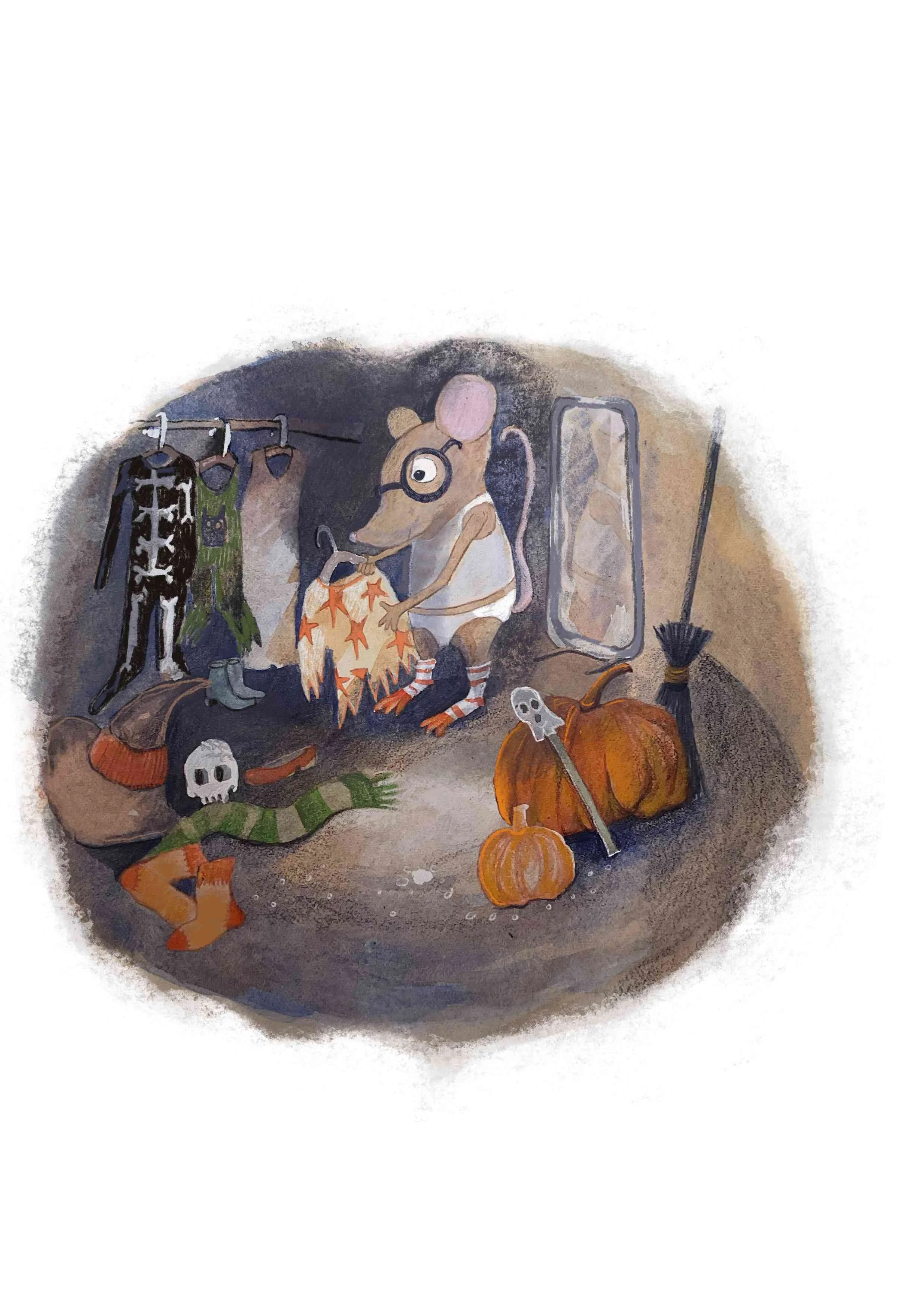 Drawing of a mouse wearing glasses and underwear, sorting Halloween costumes and decorations in a closet decorated with pumpkins, a skull, and a broom.