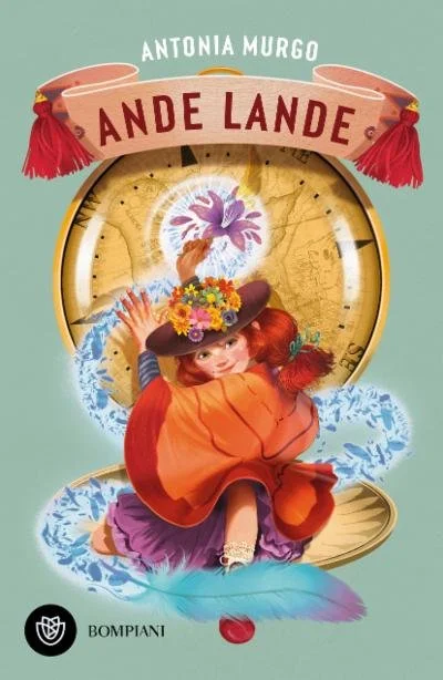 Book cover titled 'An del Lande' by Antonia Murgo featuring a girl in a wide-brimmed hat with flowers, sitting on a branch with water and clock elements in the background.