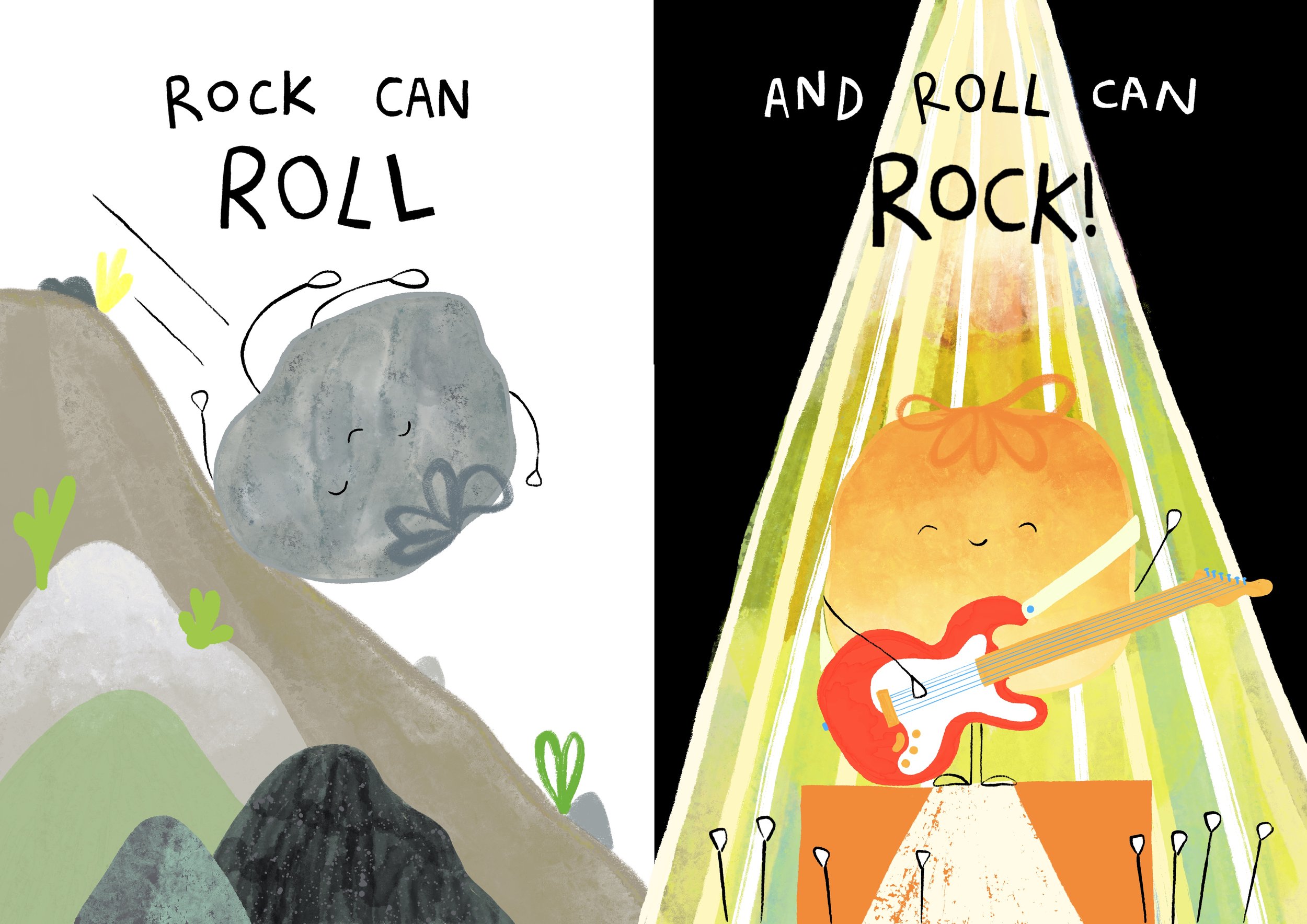A split illustration with the left side showing a happy rock climbing a mountain, with the text 'Rock can roll' above it; and the right side showing a smiling round orange character playing an electric guitar under colorful stage lights with the text