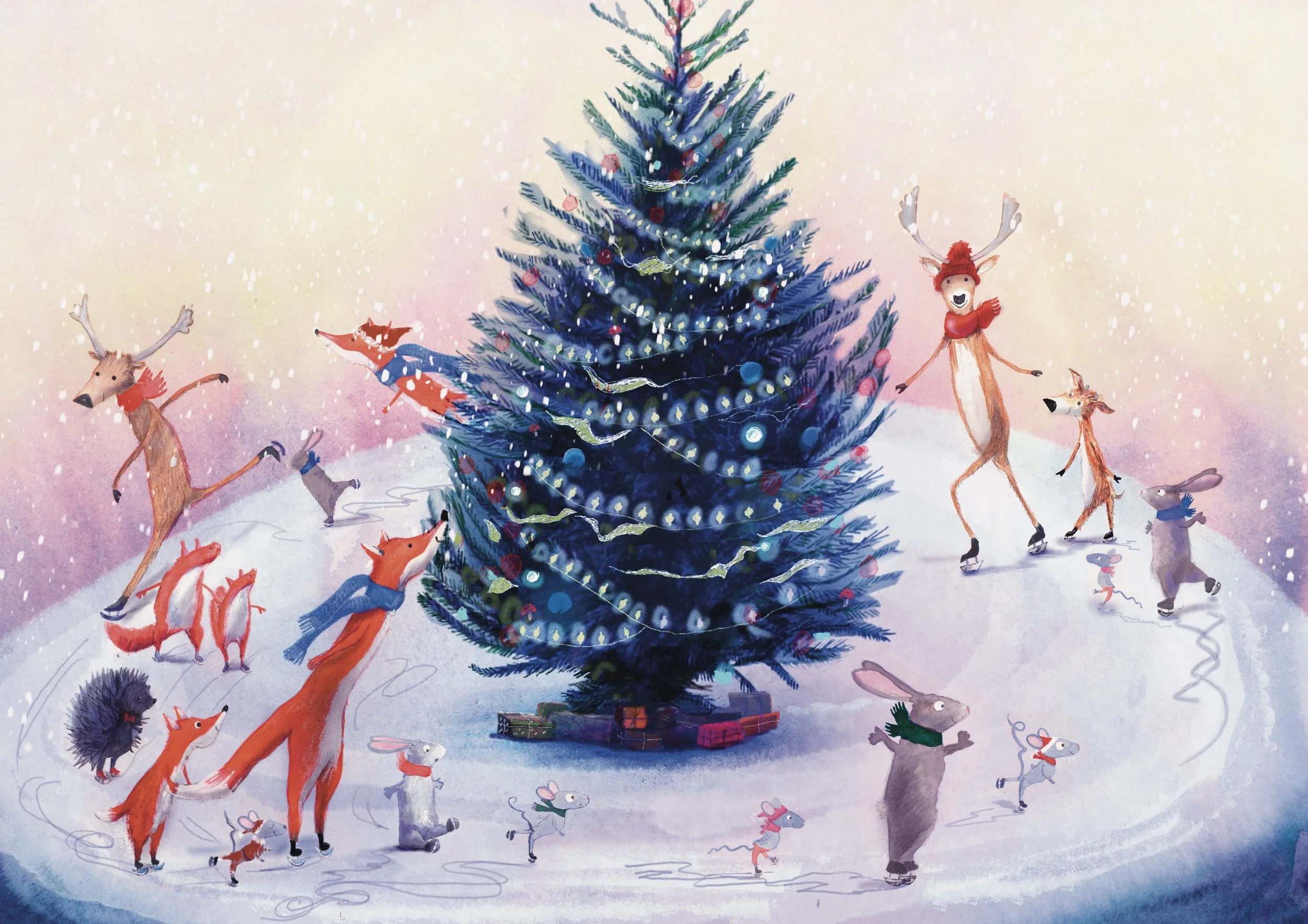 Animated scene of a decorated Christmas tree surrounded by mice and reindeer ice skating on snow, with a colorful pastel background.