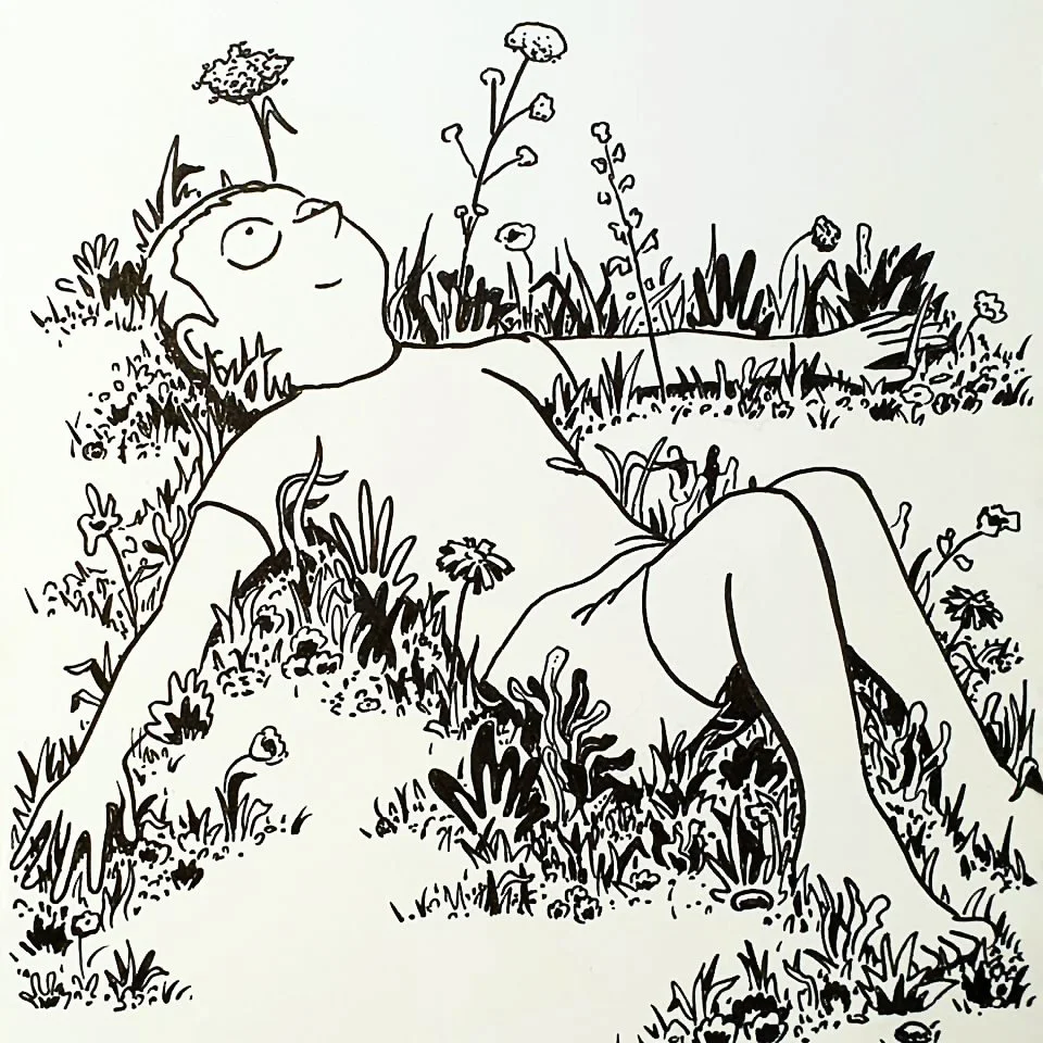Line drawing of a young person lying on grass surrounded by wildflowers, looking up at the sky.