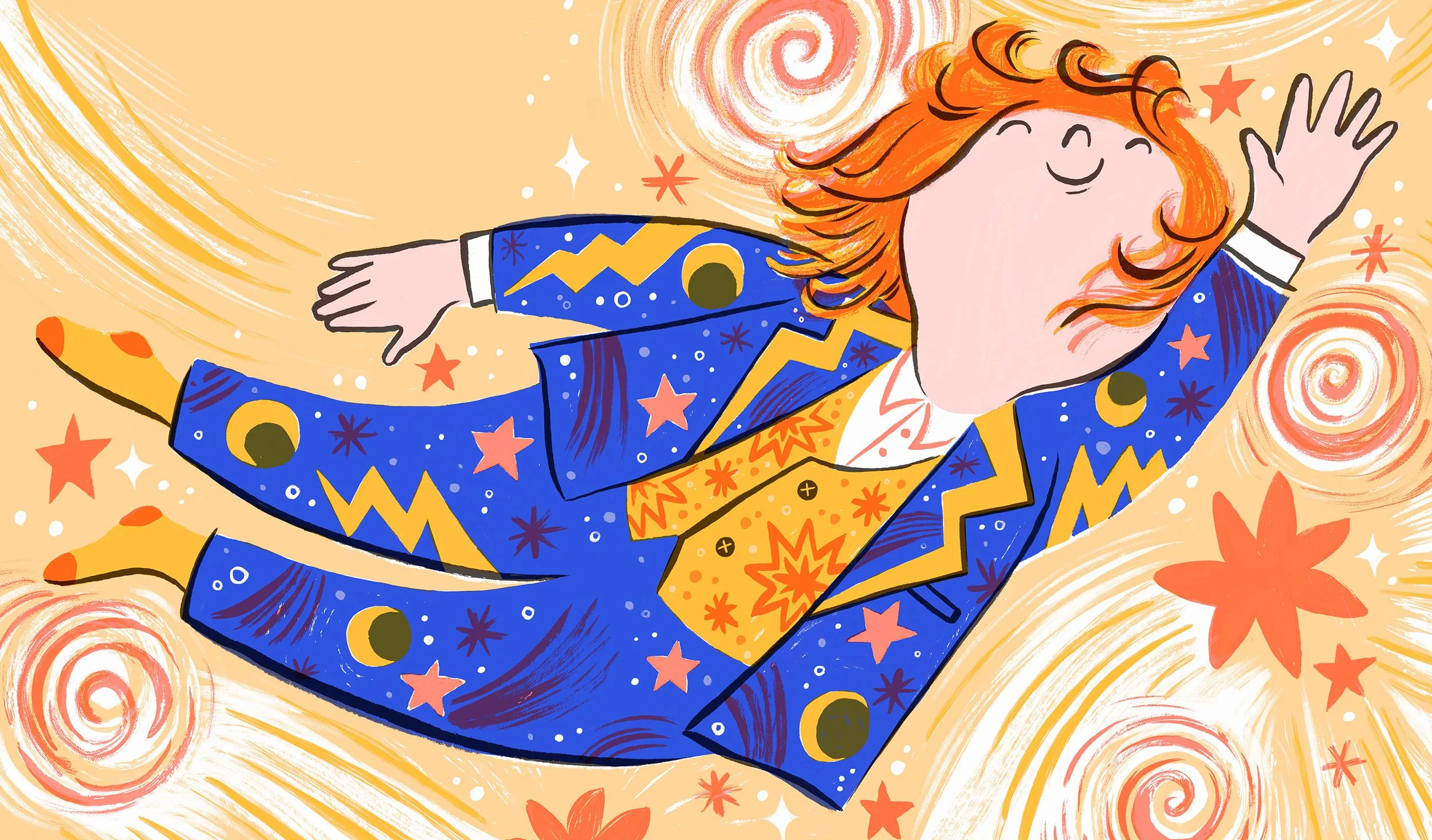 Illustration of a joyful child with red hair, floating with arms outstretched, surrounded by swirling patterns, stars, and abstract designs, wearing a colorful suit with star and moon motifs.