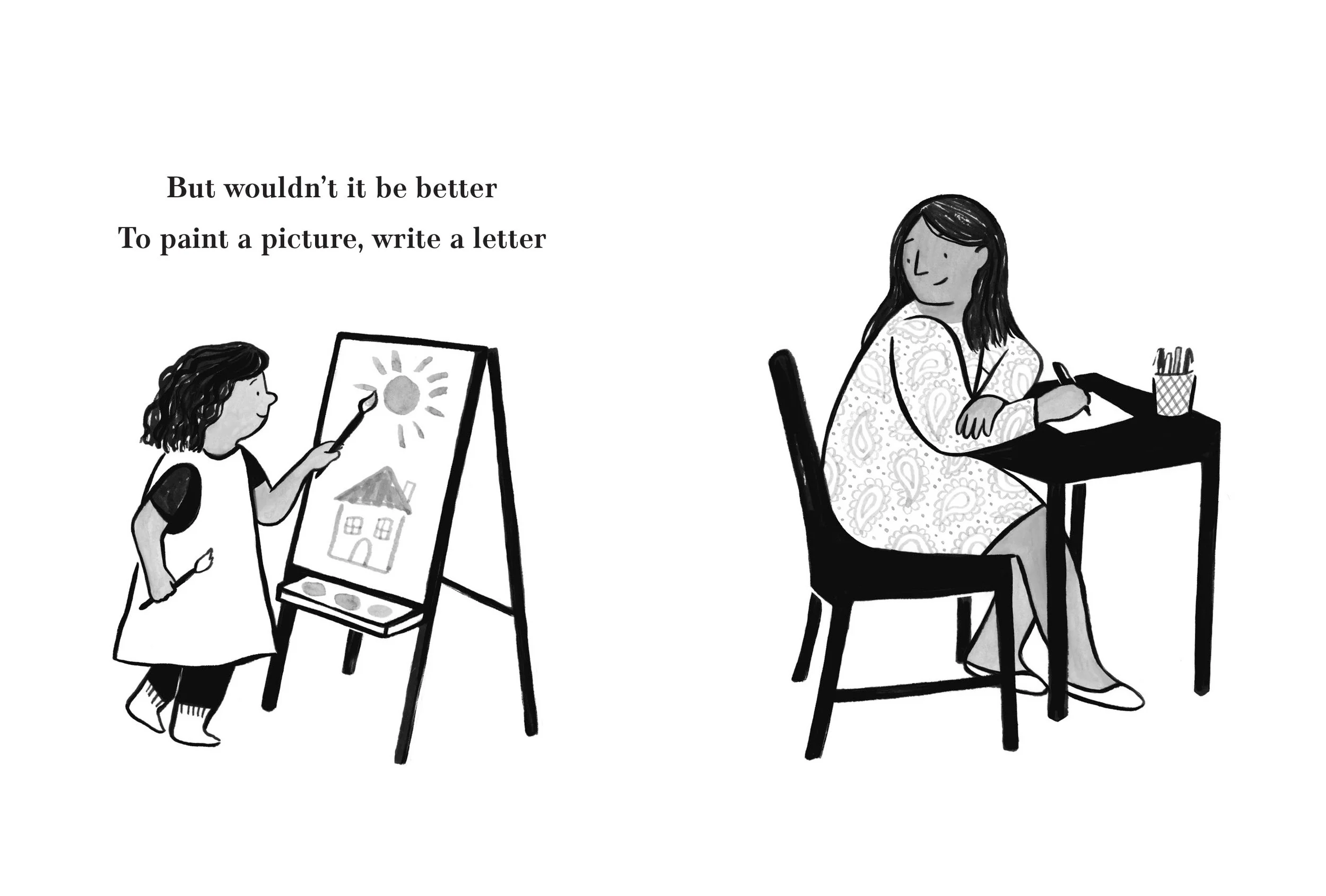 A girl painting a picture of a house and sun on an easel, with a woman sitting at a table with art supplies, illustrating a poem about painting and writing letters.