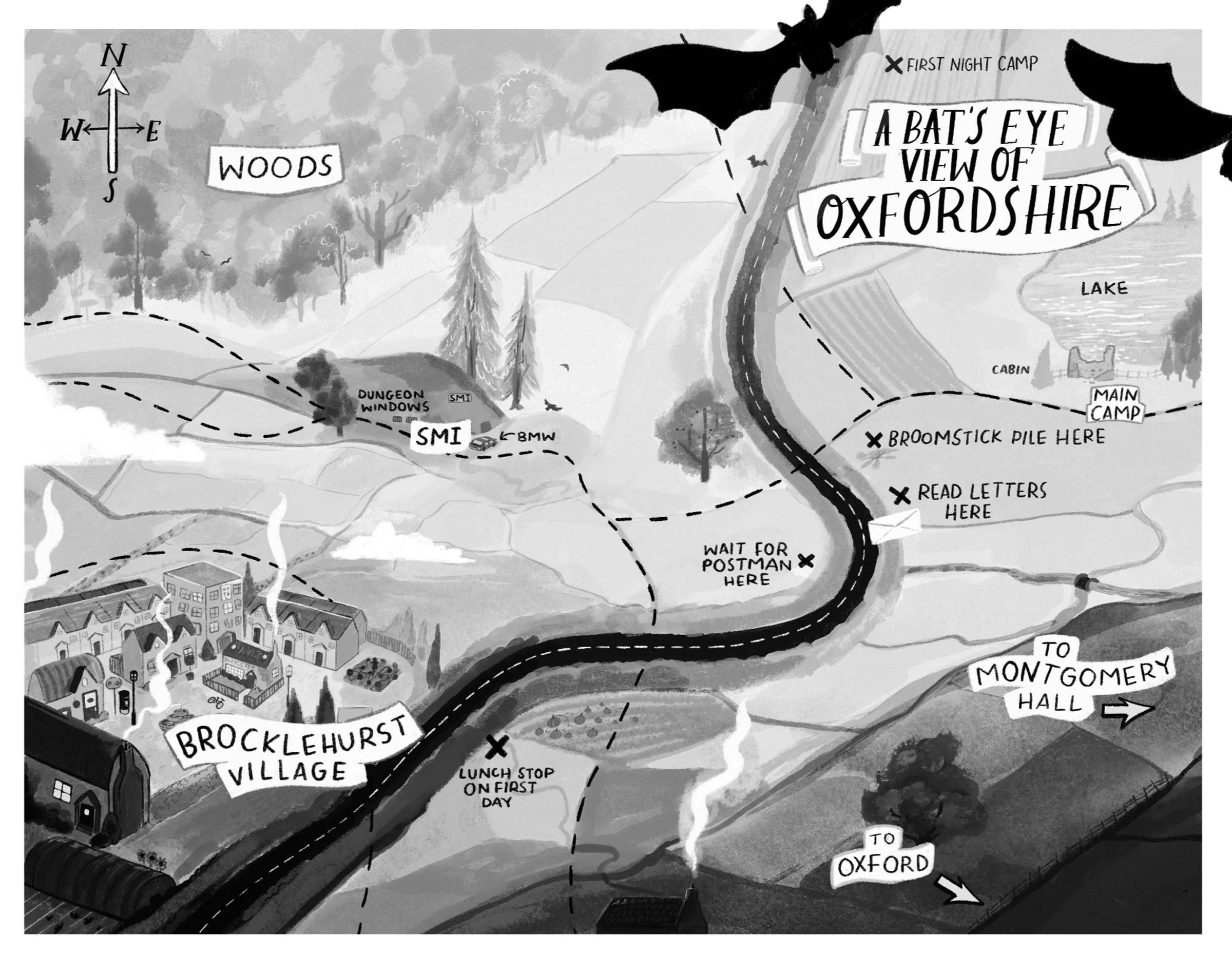 A detailed illustrated map of a bat's eye view of Oxfordshire, showing landmarks including Brocklehurst Village, woods, a lake, and various marked points of interest along a winding road, such as a postman waiting spot, reading letters spot, and a br