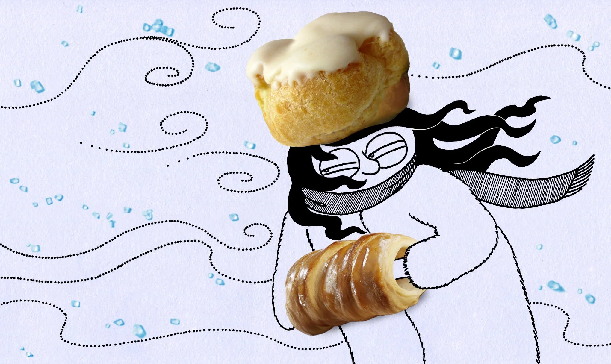 An illustration of a mermaid with a black and white drawing style, holding a croissant, with a cream puff on her head, and seaweed and bubbles around her.
