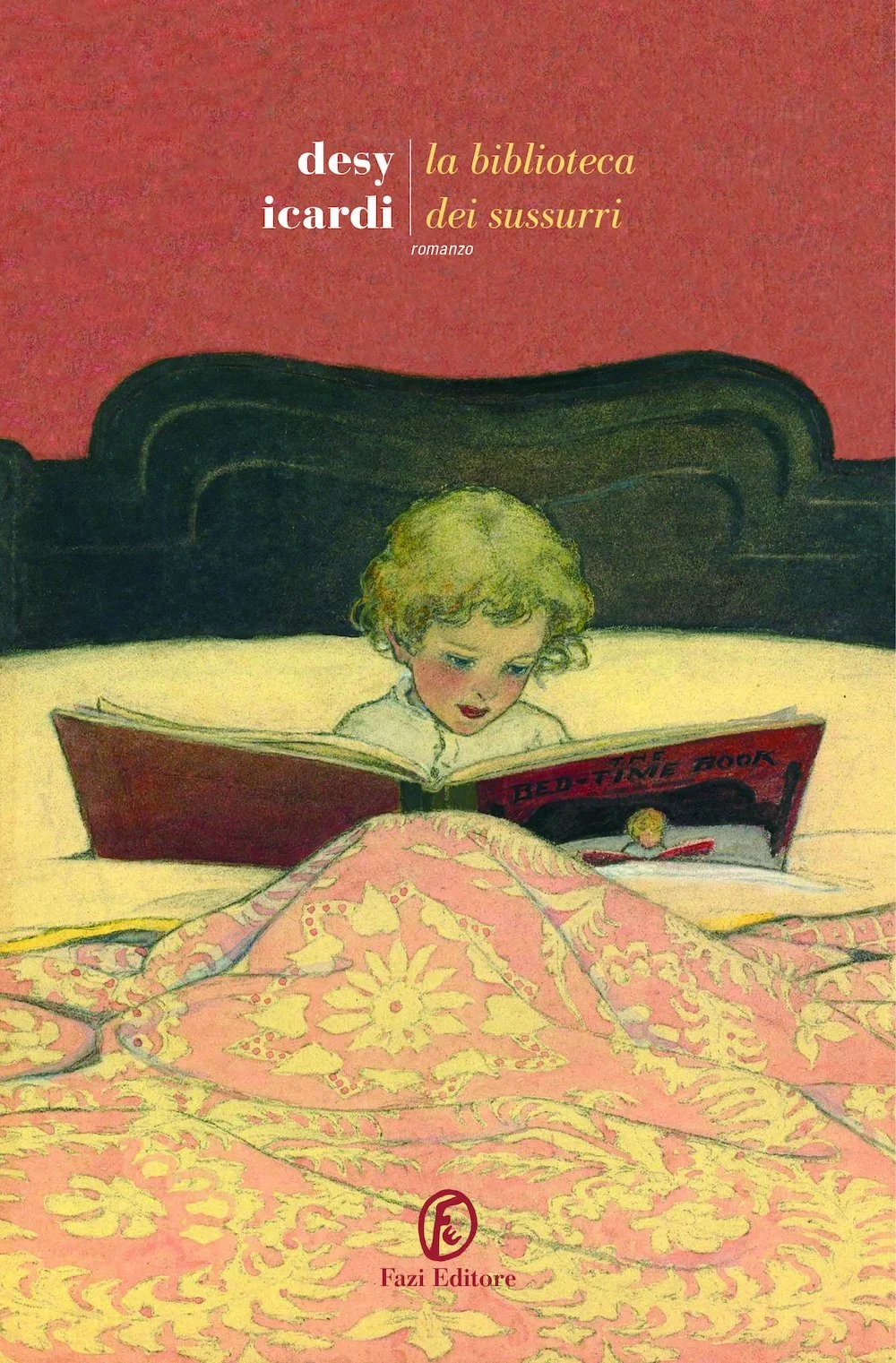 A girl with curly blonde hair reading a book titled 'Bed-Time Book' while sitting in bed covered with a pink and yellow patterned blanket. The headboard of the bed is dark, and the background wall is pink. The publisher logo 'Fazi Editore' is at the 