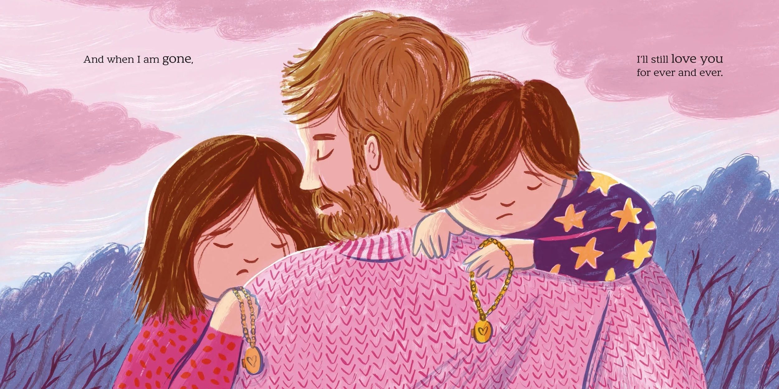 An illustration of a man with a beard and two children, all with their eyes closed, hugging each other. They are holding necklaces with heart and star pendants. The background shows a pink sky with purple clouds and some dark branches at the bottom. 