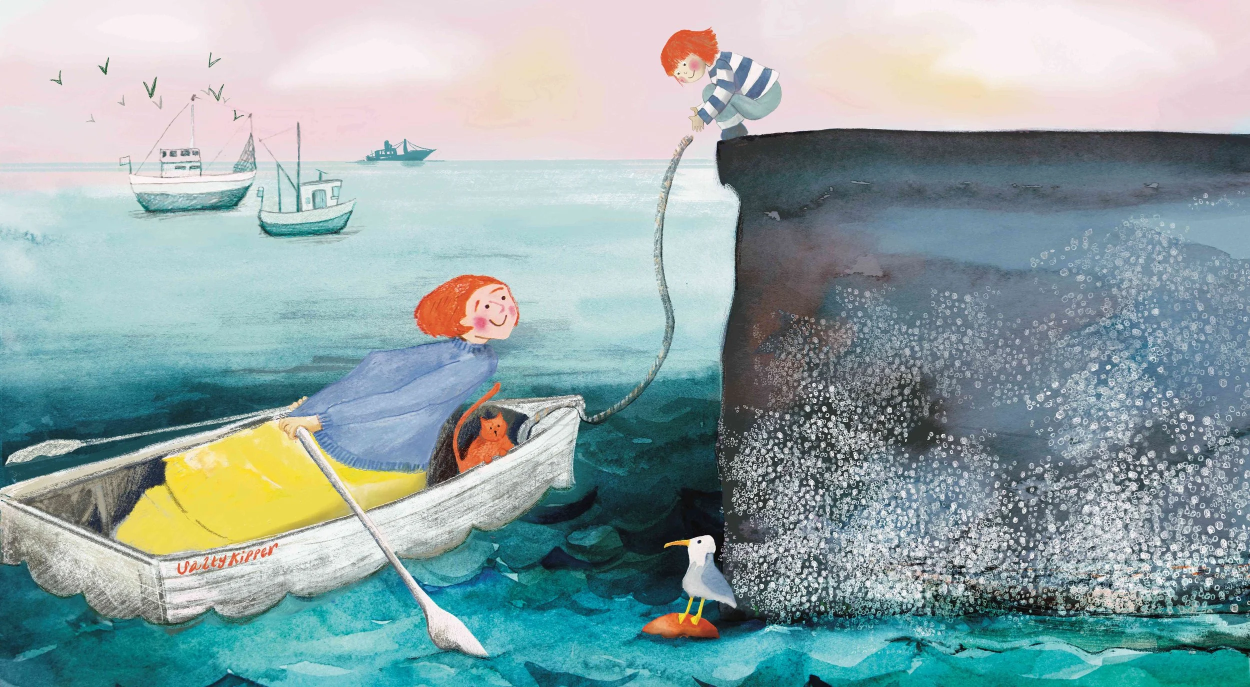 A child on a boat with a cat and an older child on a cliff holding a rope that connects to a boat below, with a whale nearby and seagulls flying in the sky.