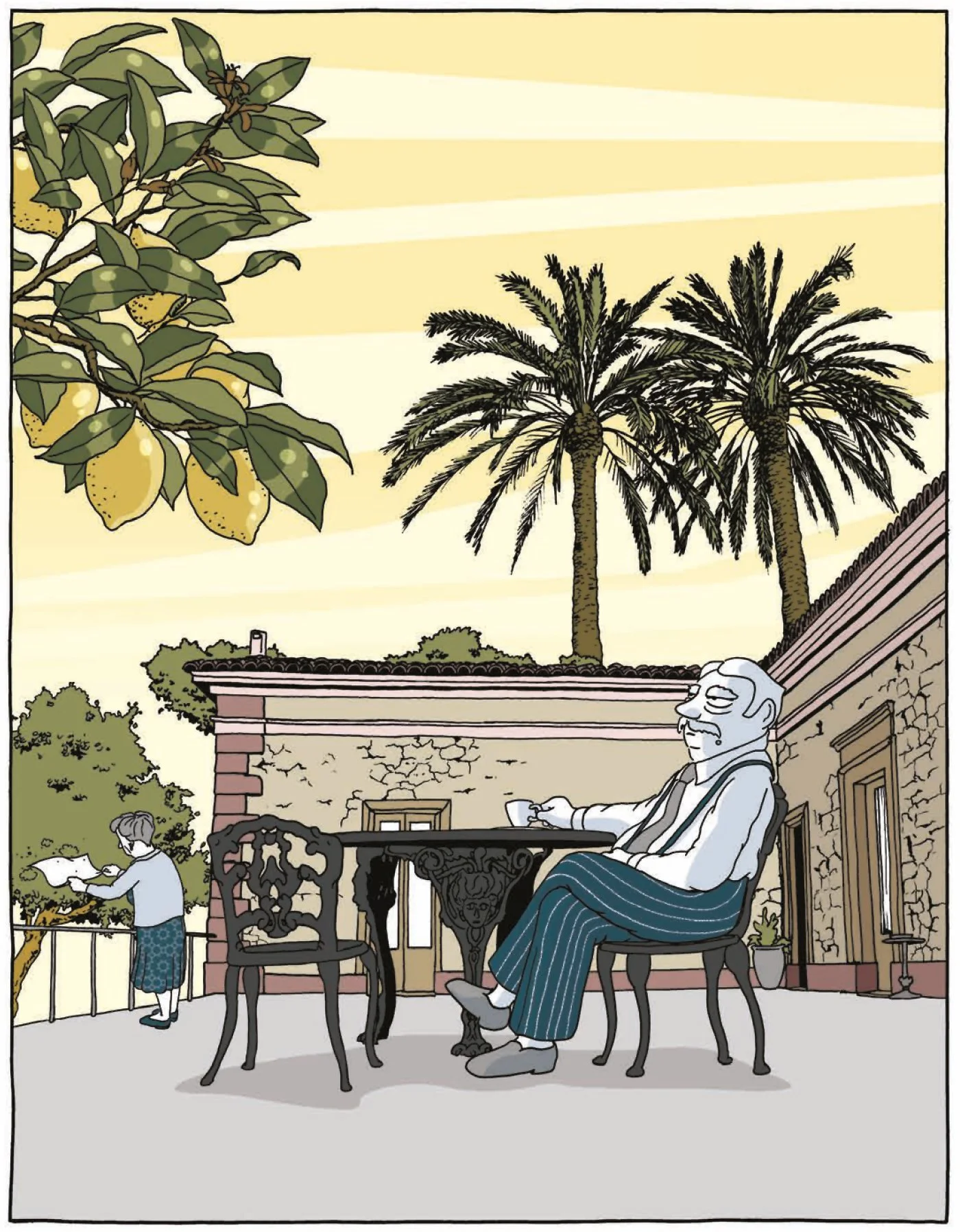 A cartoon illustration of an outdoor patio scene with a man relaxing at a table drinking coffee, a woman watering plants, palm trees, lemon trees, and a building with cracks in the wall in the background during daytime.