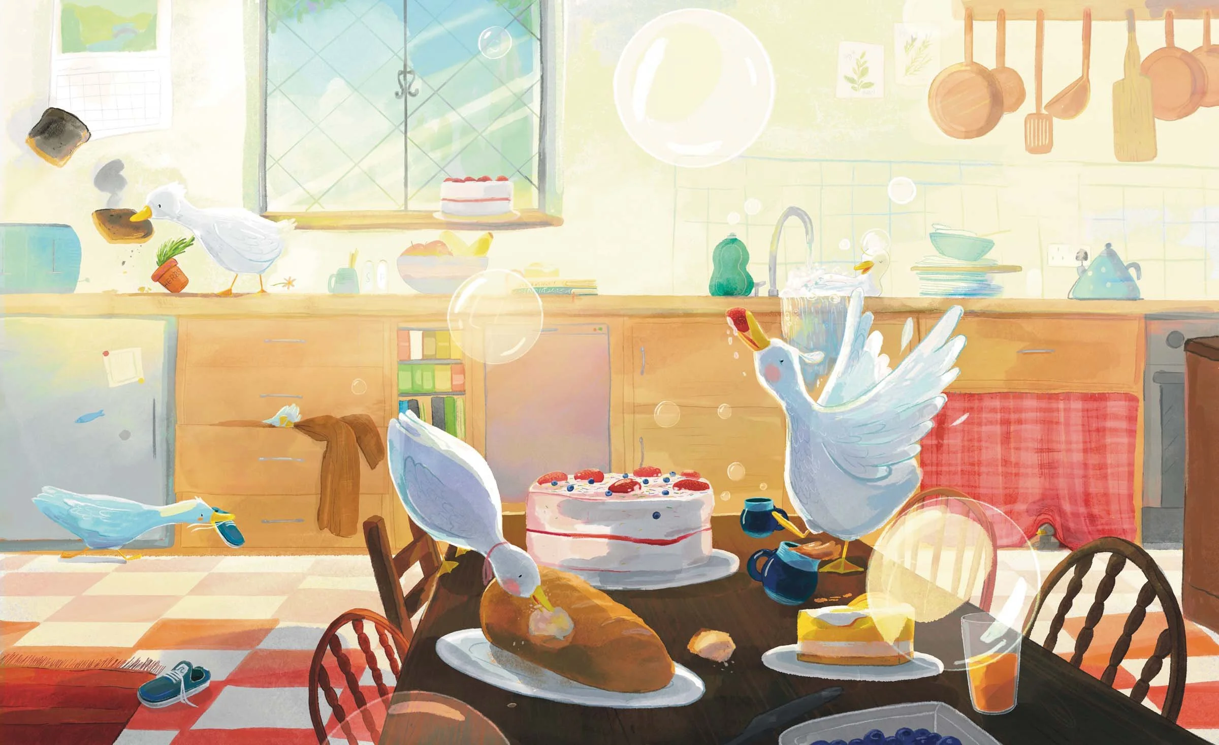A lively kitchen scene with anthropomorphic ducks enjoying a meal and cake, surrounded by floating bubbles and energetic movement.