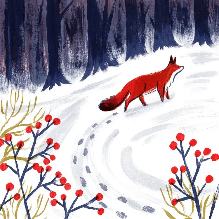 Painting of a red fox walking on snow-covered ground near bushes with red berries, with dark trees in the background.