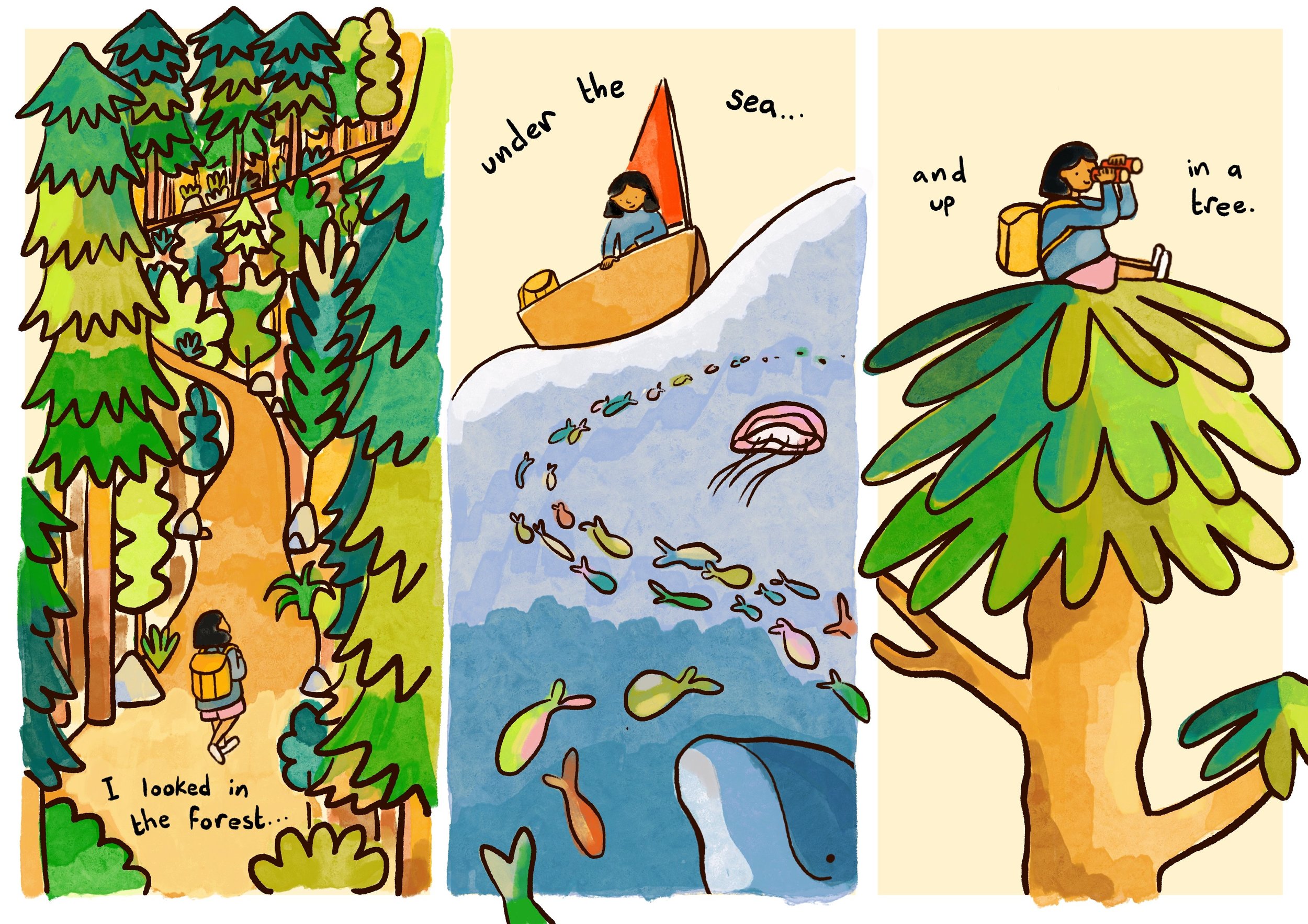A colorful illustration of a girl exploring nature. She walks through a forest with tall trees, then takes a boat to see fish and a jellyfish in the water, and finally sits on a large tree branch looking into the distance with binoculars.