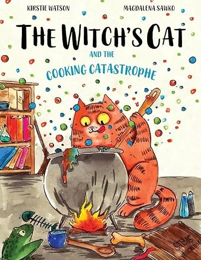 Cover art of a children's book titled 'The Witch's Cat and the Cooking Catastrophe' showing an orange cat with yellow eyes stirring a large pot over a fire, with bookshelves, a frog, and cooking utensils around.