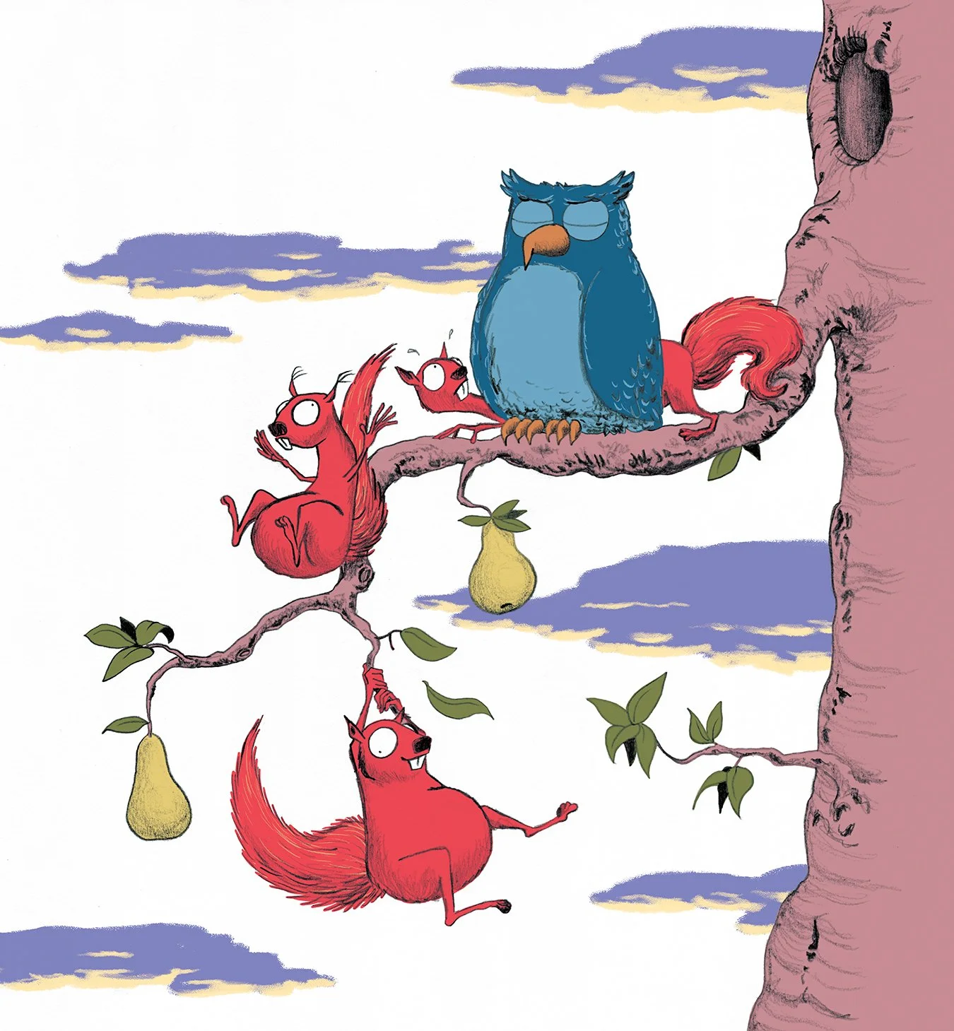 Cartoon illustration of a red squirrel, a red fox, and two red chipmunks on a tree branch with pears hanging from it. An owl with closed eyes is perched on the branch near the squirrel. The background shows a sky with purple and cream clouds.