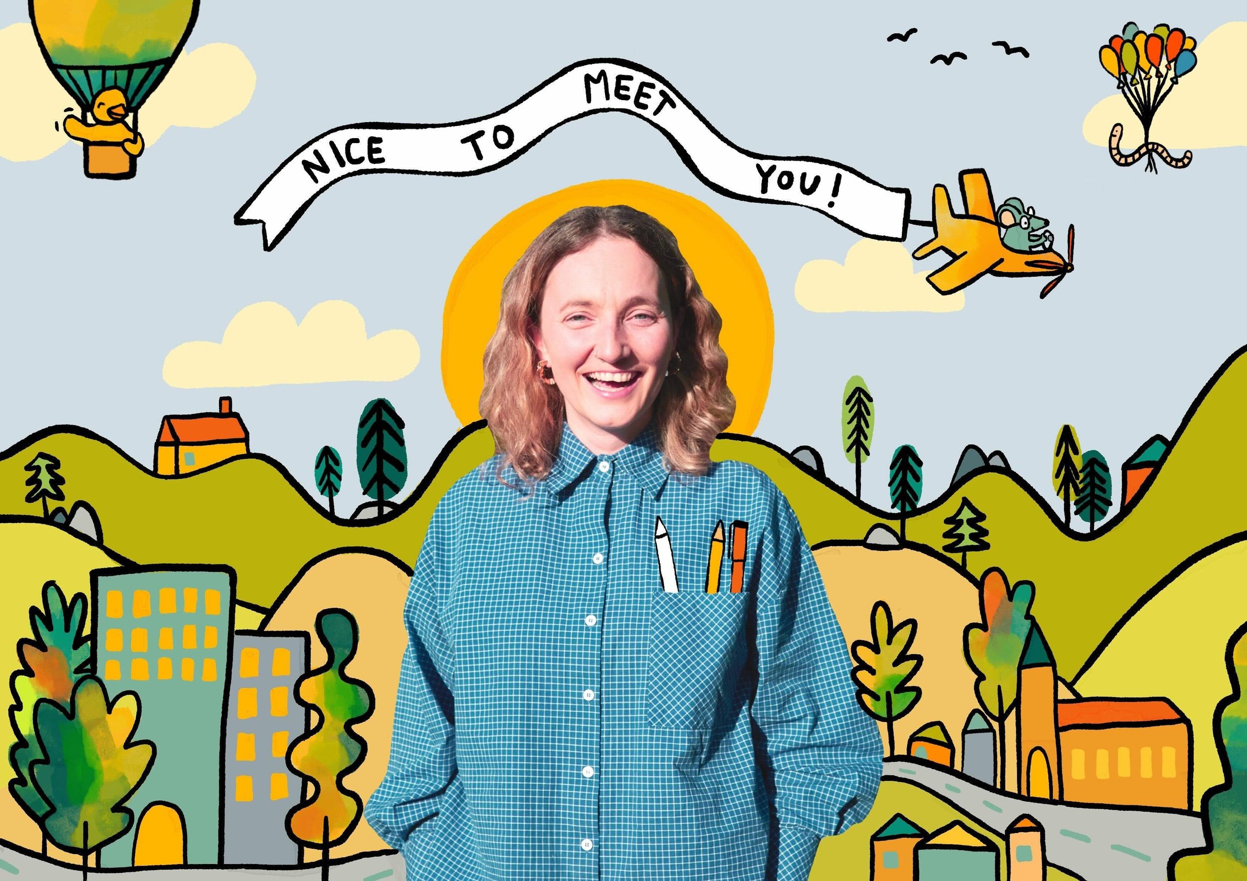 A woman smiling in front of a cartoon landscape with hills, trees, houses, and clouds. There are cartoon airplanes and a banner that says 'Nice to Meet You!'