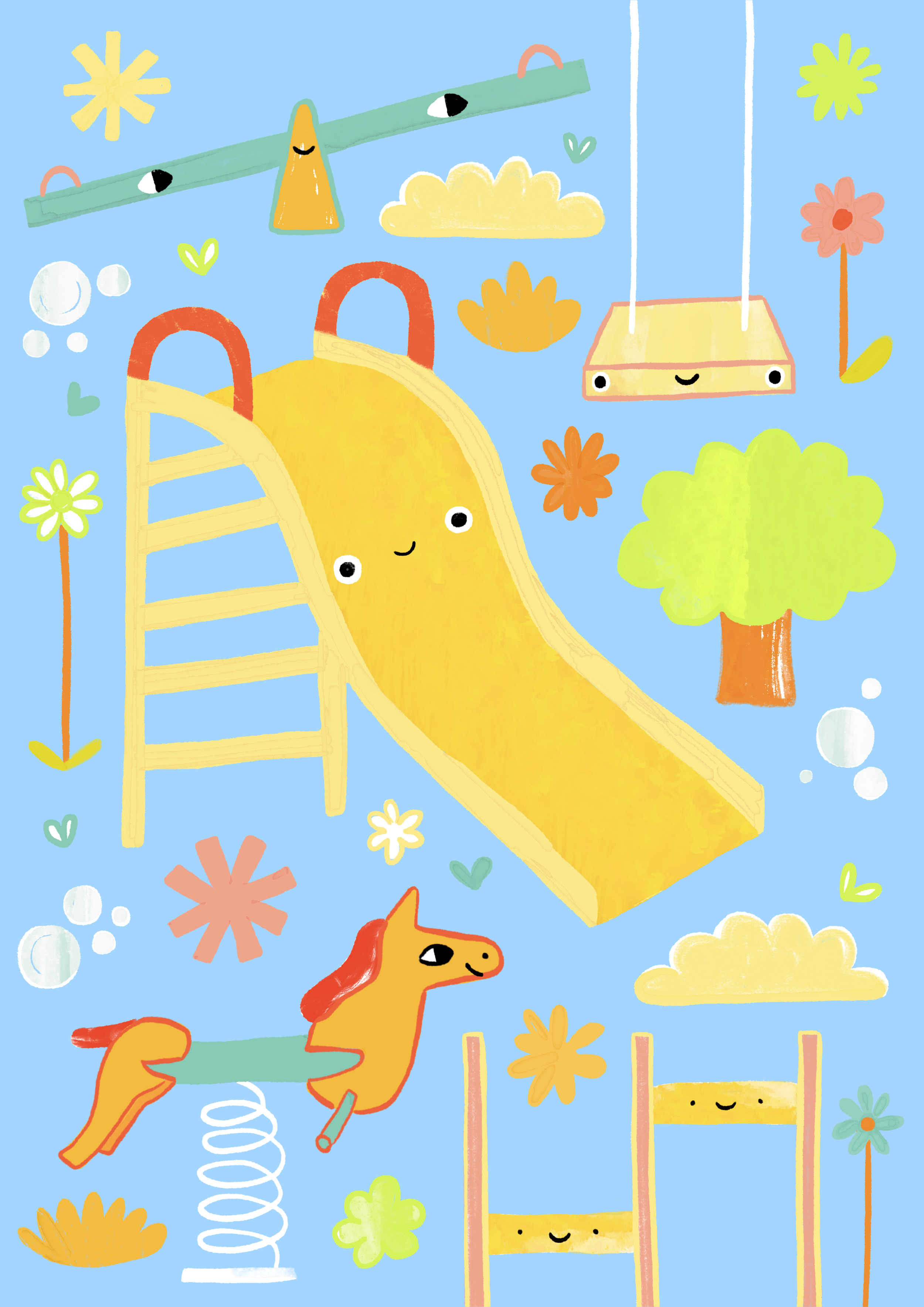 Colorful cartoon playground scene with a yellow slide, a spring rocking horse, a swing, a tree, and various flowers and clouds. All objects have happy faces.