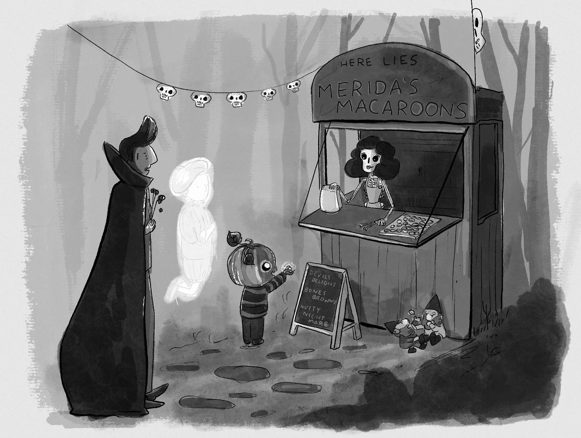 A Halloween scene in a forest with a small food stand named 'Merida's Macaroons' selling macaroons. A girl dressed as a witch and a ghostly figure are at the stand, with a doll on the ground. A tall figure dressed as a vampire is handing flowers to t