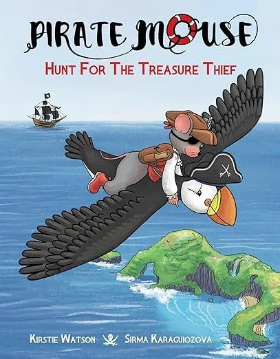 Book cover titled "Pirate Mouse: Hunt for the Treasure Thief" showing a cartoon mouse wearing a pirate hat, eyepatch, and wooden leg, flying on the back of a large black bird over the ocean with a small island below and a pirate ship in the distance.