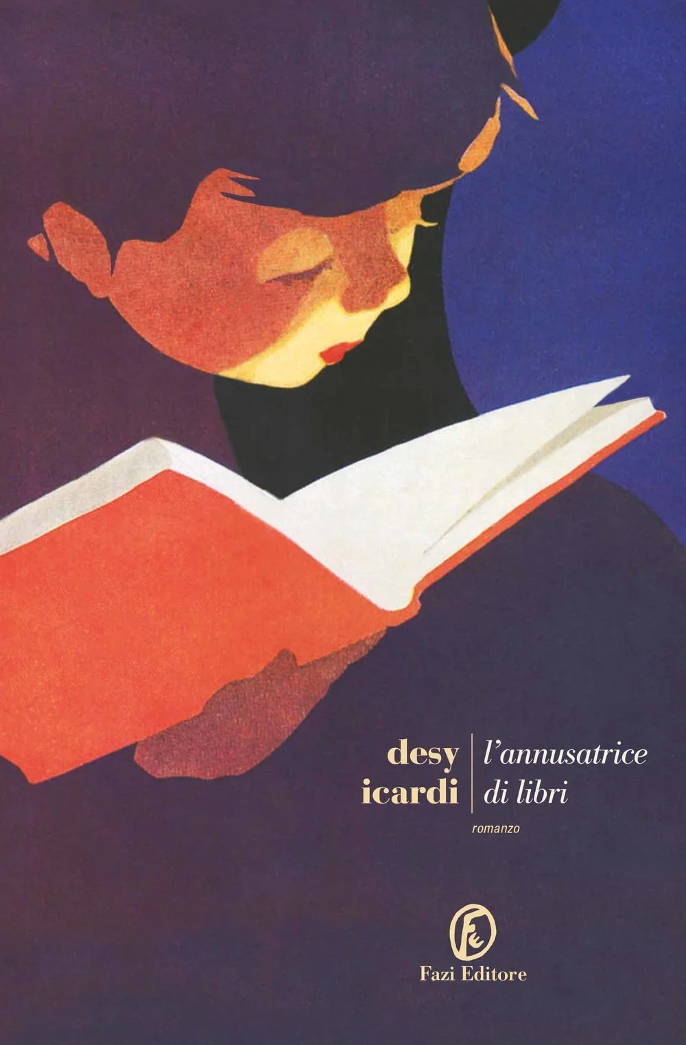 Cover of a book titled 'l'annusatrice di libri' by Desy Icardi, published by Fazi Editore, featuring an illustrated woman reading a book with short dark hair, glasses, and red lipstick, against a dark background.