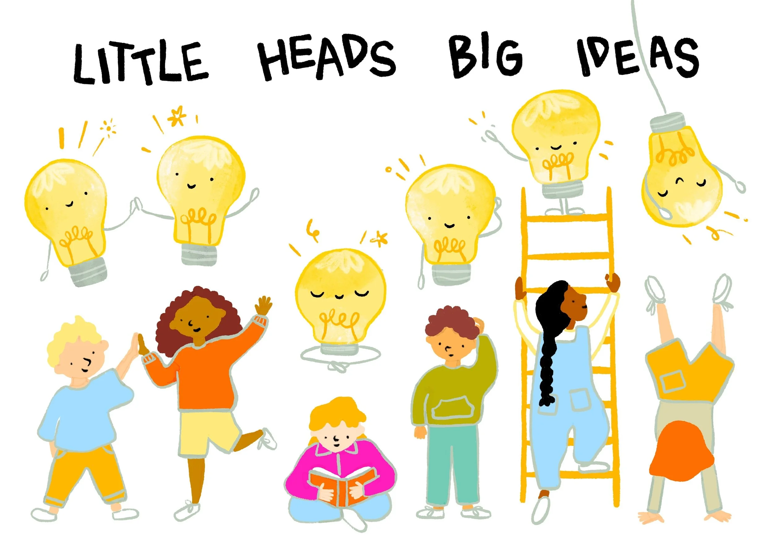 Children with lightbulb heads illustrating creativity and big ideas, engaging in various activities such as high-fiving, reading, scratching their heads, and climbing a ladder, with the text "Little Heads Big Ideas" at the top.