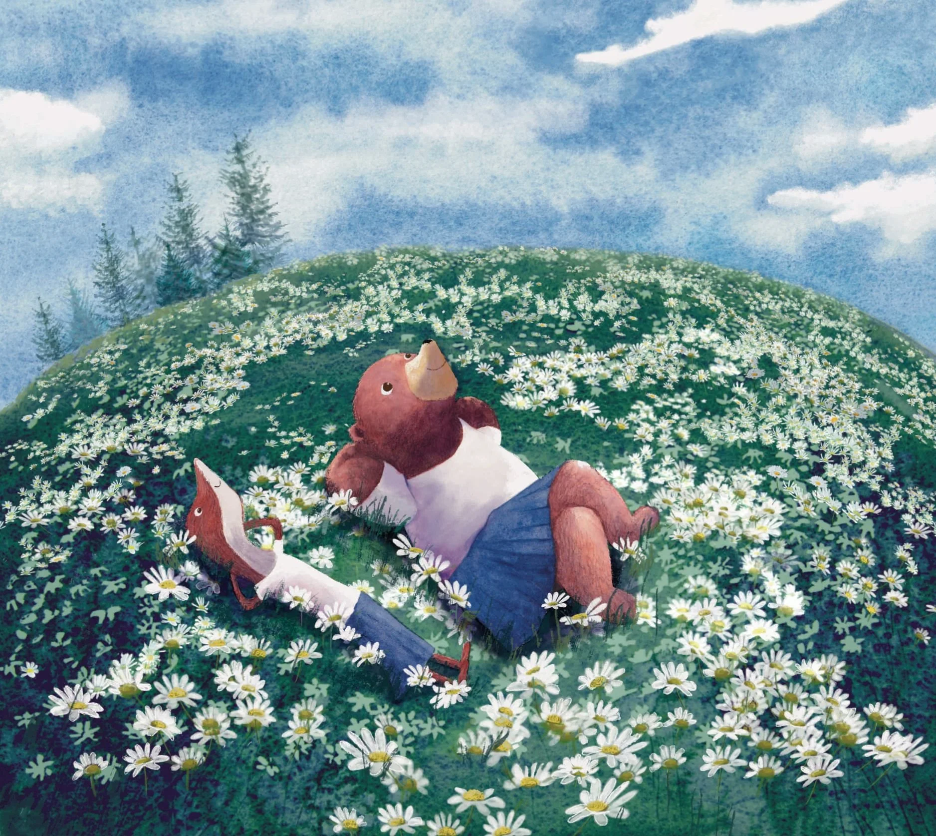 Cartoon bear and fox lying on a grassy hill covered with daisies, under a blue sky with clouds.