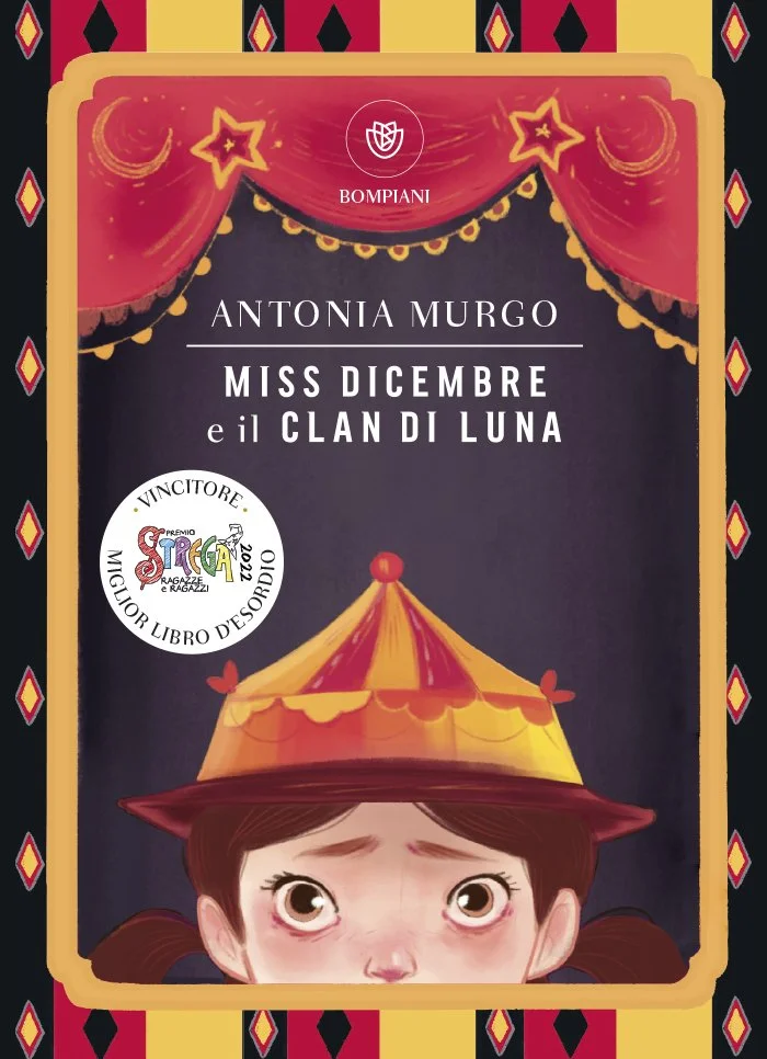 Book cover featuring a young girl with brown hair, wearing a yellow and red circus tent hat, with red curtains and a decorative border.