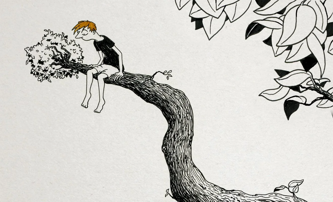 Drawing of a boy with orange hair sitting on a tree branch, with some leaves on the right side of the image.