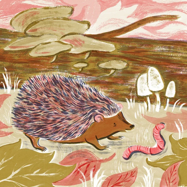An illustrated scene of a hedgehog with multicolored spines, moving through a forest with pink and green foliage, mushrooms, and a pink worm on the ground.