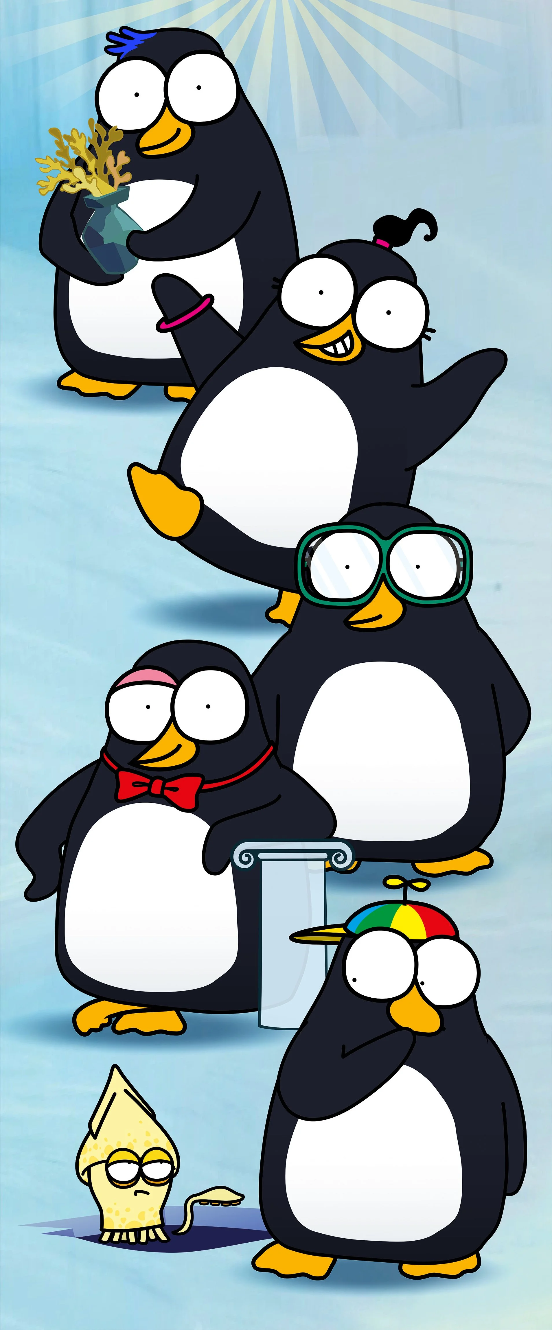 Collection of animated penguins dressed in various outfits with accessories, in a snowy setting.