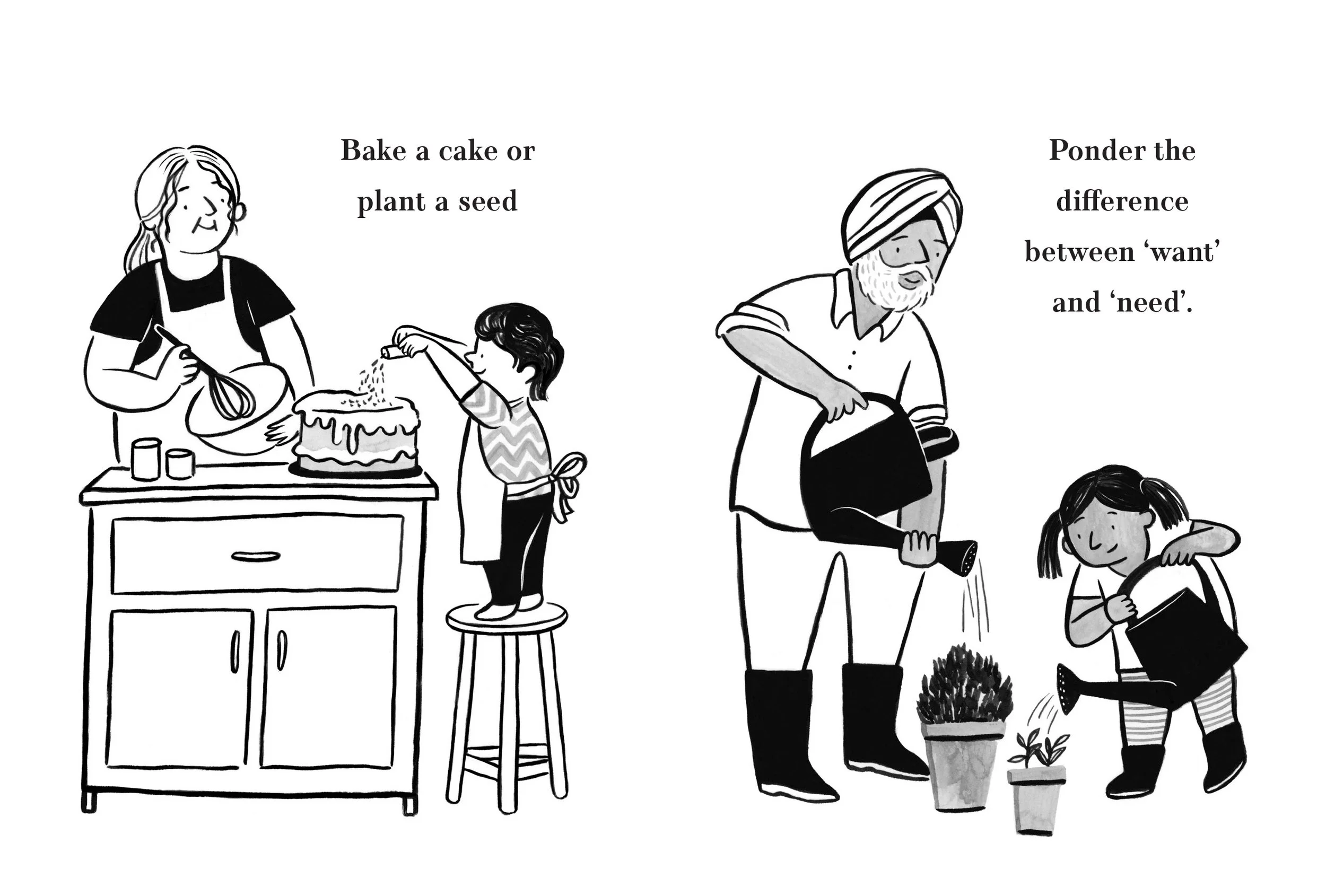 A black-and-white illustration with two sections. On the left, a woman and a girl bake a cake in a kitchen; the girl is sprinkling something on the cake on a table. The woman is mixing ingredients with a whisk. On the right, a man and a girl plant se