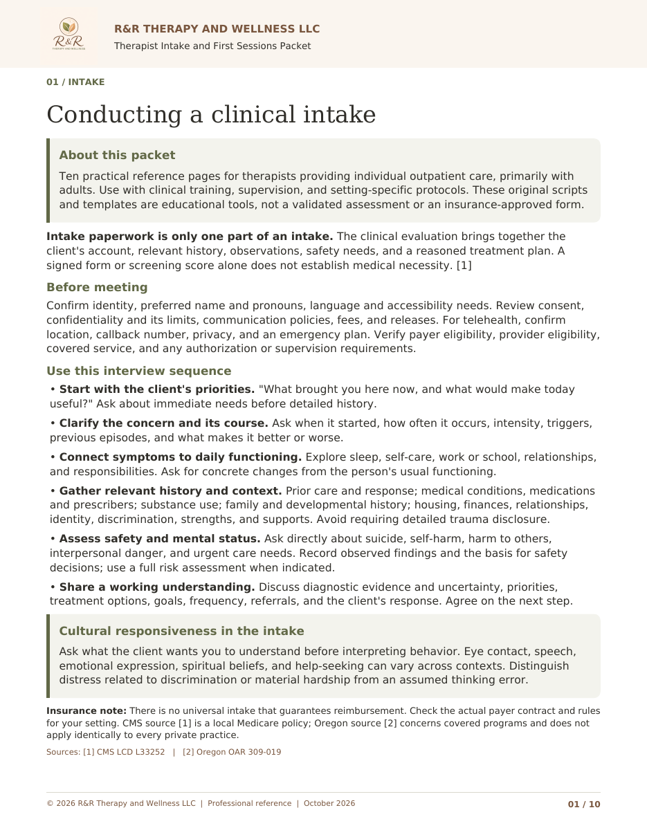 Therapist Intake & First Sessions Packet