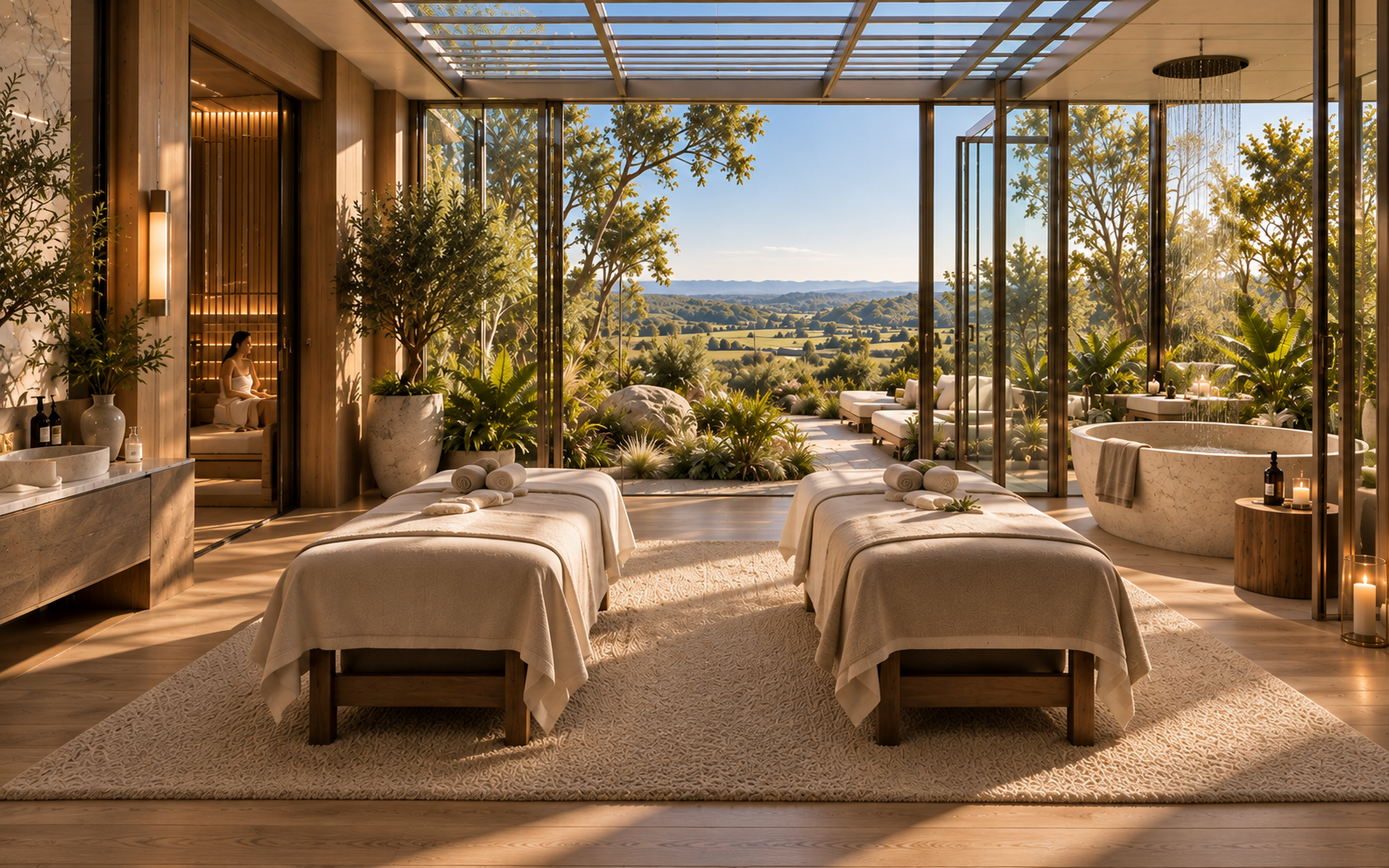 Biophilic expansive spa treatment room