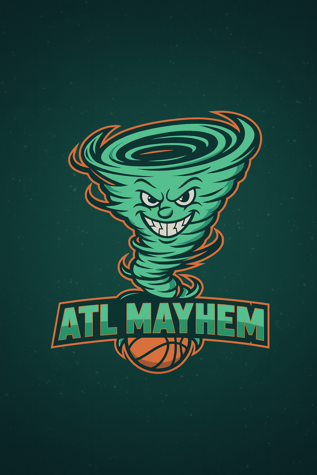 Animated tornado with a mischievous face and the words 'ATL MAYHEM' below, featuring a basketball at the base.