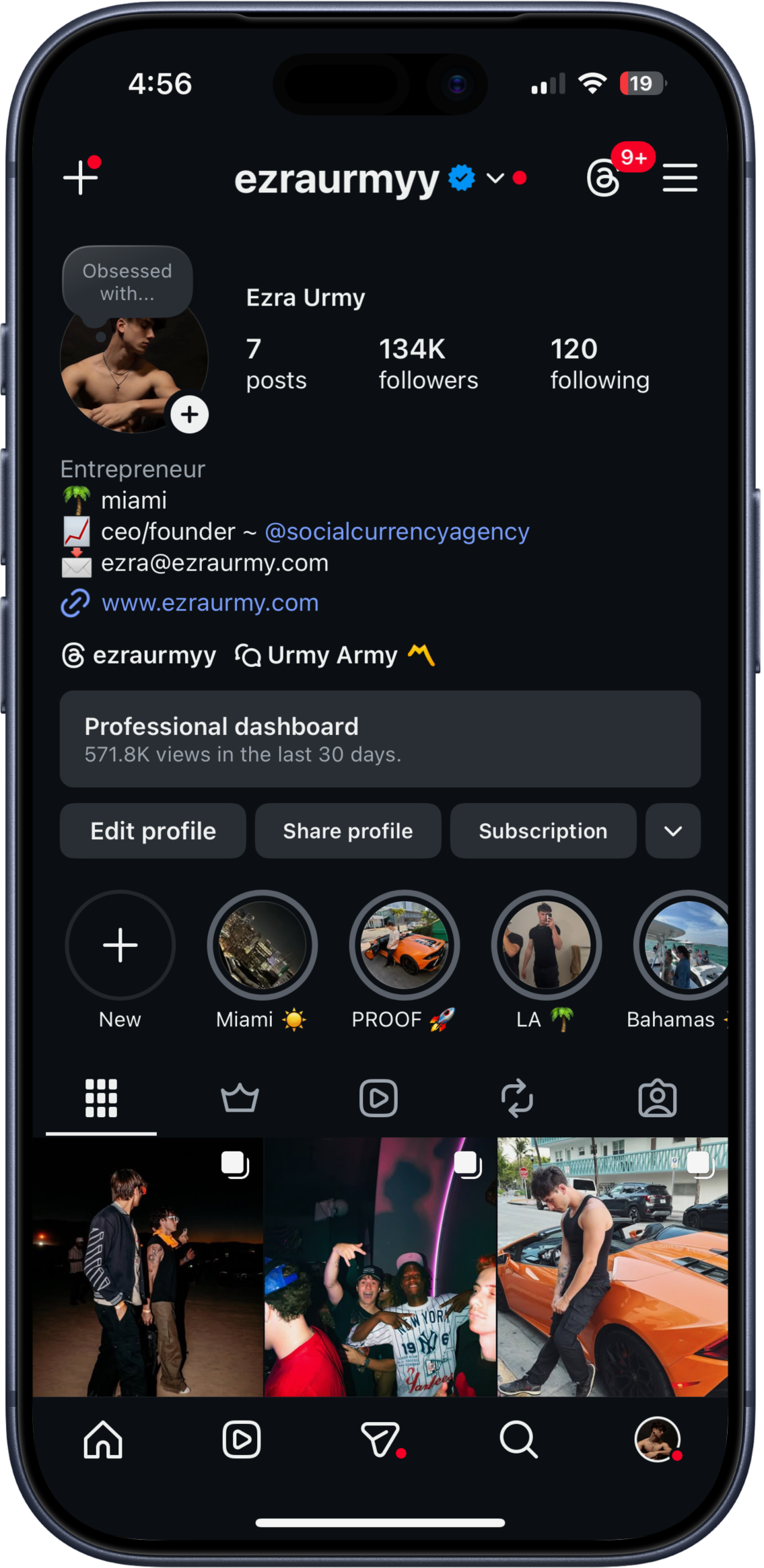 Instagram profile page of ezraurmy with a dark theme, shows profile picture of a young man shirtless, profile details including followers, posts, and following, along with highlighted stories and recent posts featuring groups of people and high-end cars.