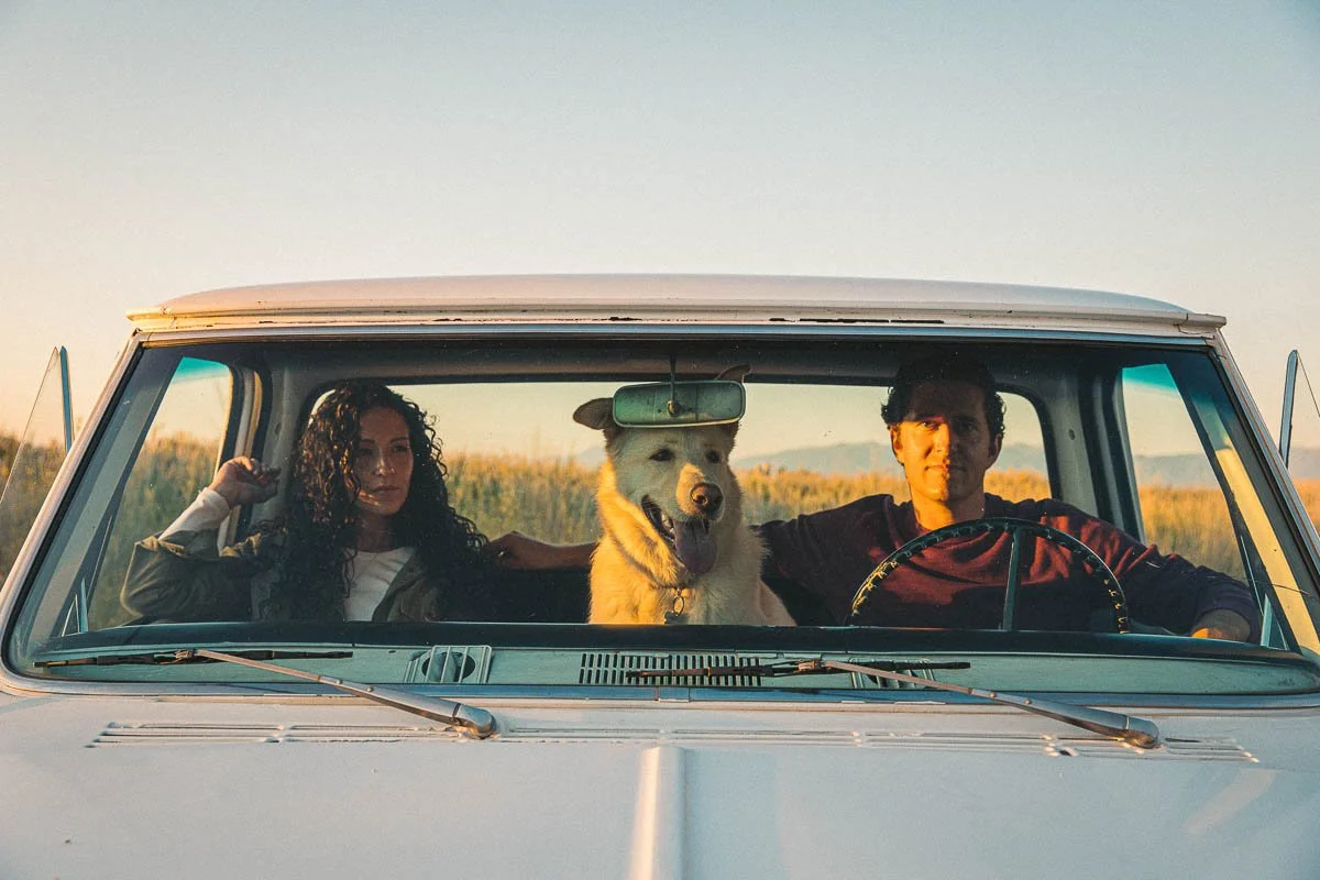 A man, woman, and dog inside a vintage car parked in a field during sunset.