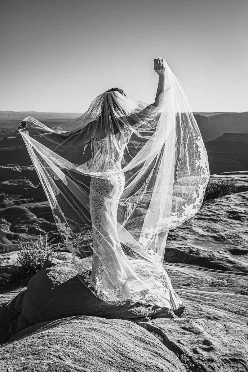 A woman in a wedding dress with a veil standing on a rock formation, holding the veil up with both hands, overlooking a canyon landscape in black and white.