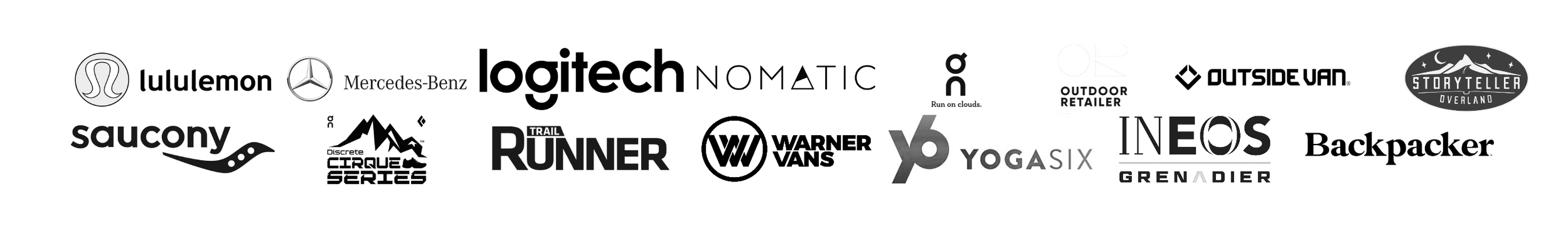 Collection of various brand logos including lululemon, Mercedes-Benz, Logitech, NOMATIC, On, outdoor retailer, outside van, storyteller overland, saucony, discrete circuit series, trail runner, Warner Vans, YOGASIX, INEOS Grenadier, Backpacker.