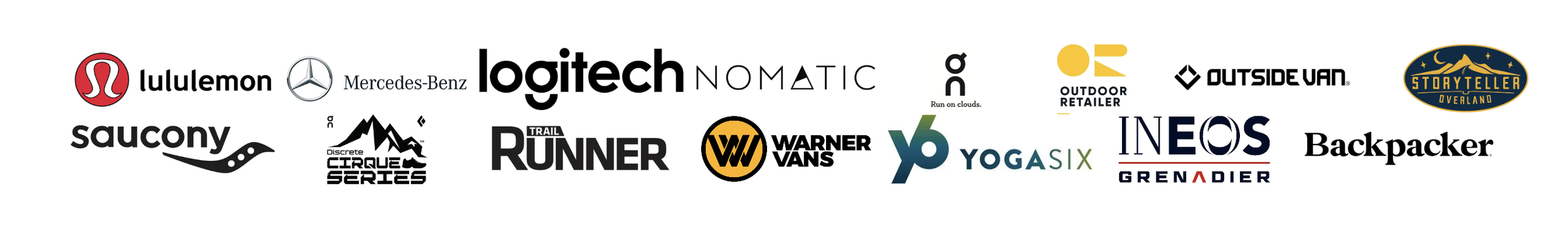A collection of logos from various brands including lululemon, Mercedes-Benz, Logitech, Saucony, discrete, Trail Runner, Warner Vans, y6 Yoga Six, NEOS Grenadier, Backpacker, Storyteller Overland, outdoor retailer, outside van, and more.