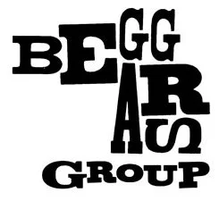 Graphic text stating 'BEGGAR GROUP' with stylized and overlapping black letters.
