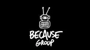 A cartoon robot face with antennae above the words 'BECAUSE GROUP' written in white on a black background.