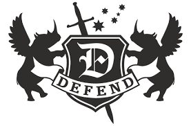 A crest with two black unicorns holding a shield with a letter D, topped with a sword and stars, and the word DEFEND below the shield.