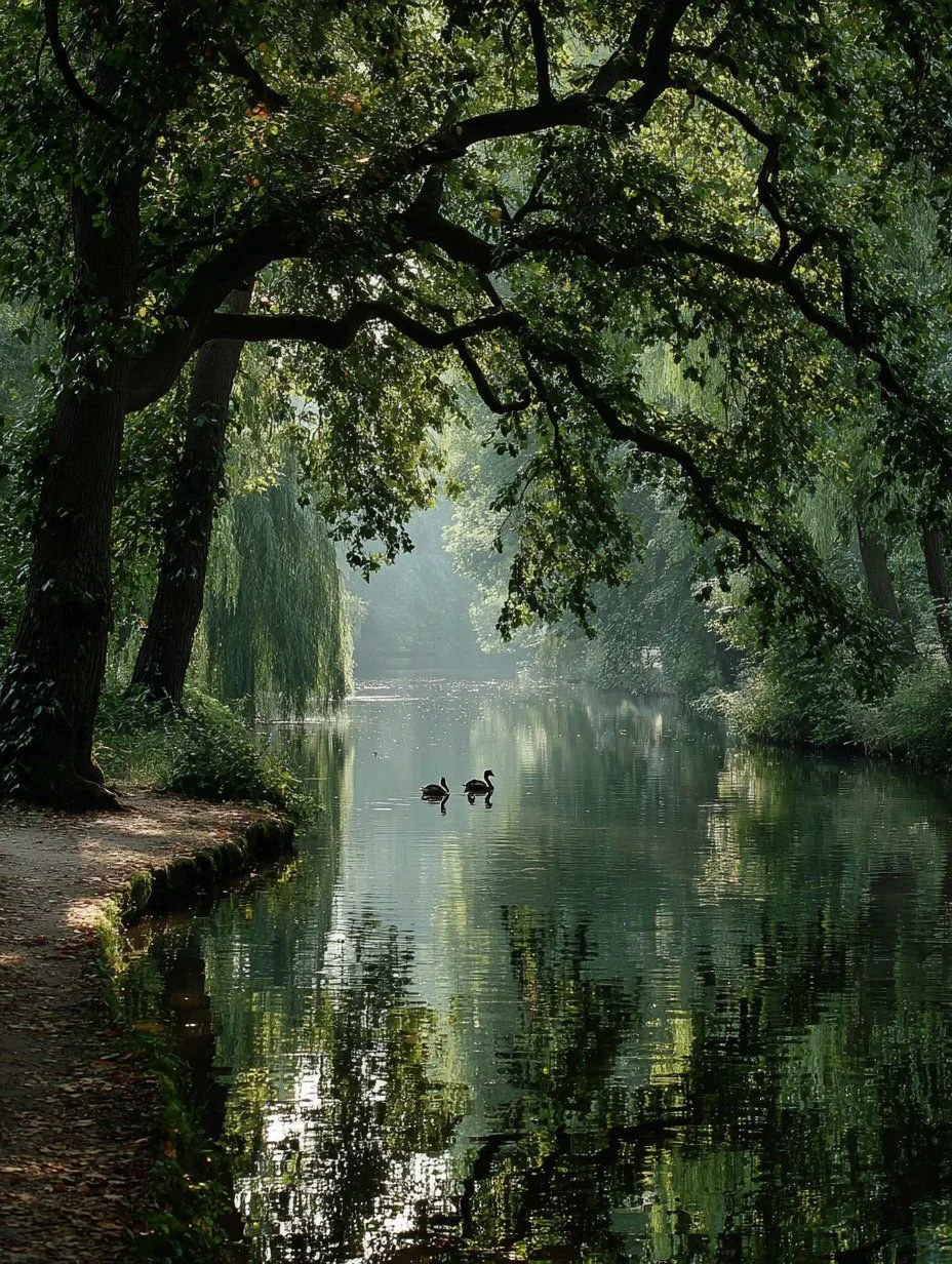 A peaceful scene of a river with two ducks swimming, surrounded by lush green trees, with sunlight filtering through the leaves.