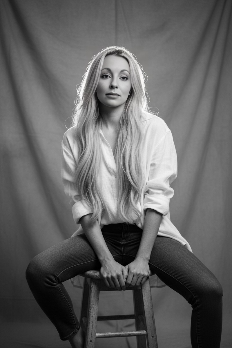 Black and white portrait of a young woman with long wavy hair, sitting on a wooden stool against a plain backdrop, looking at the camera with a neutral expression, wearing a loose shirt and dark pants.