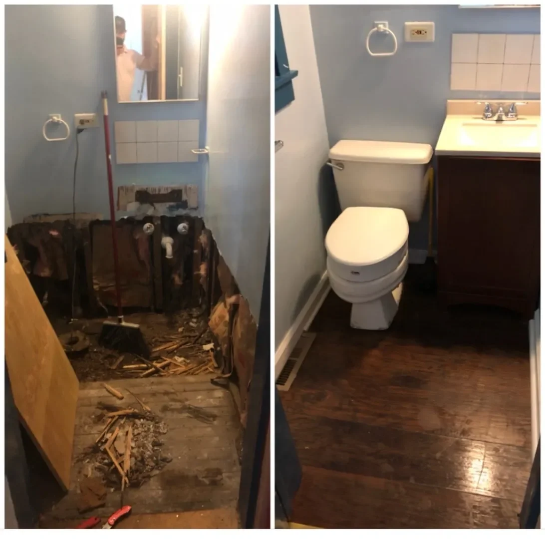 Comparison of a bathroom before and after remodeling. The left side shows a damaged, under-construction area with exposed pipes, wooden debris, and renovation tools. The right side shows the finished bathroom with a toilet, sink, mirror, and complete